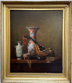 1879 MUSEUM EXHIBITED American CHINOSERIE Still Life w/ Asian Vases and Mandolin