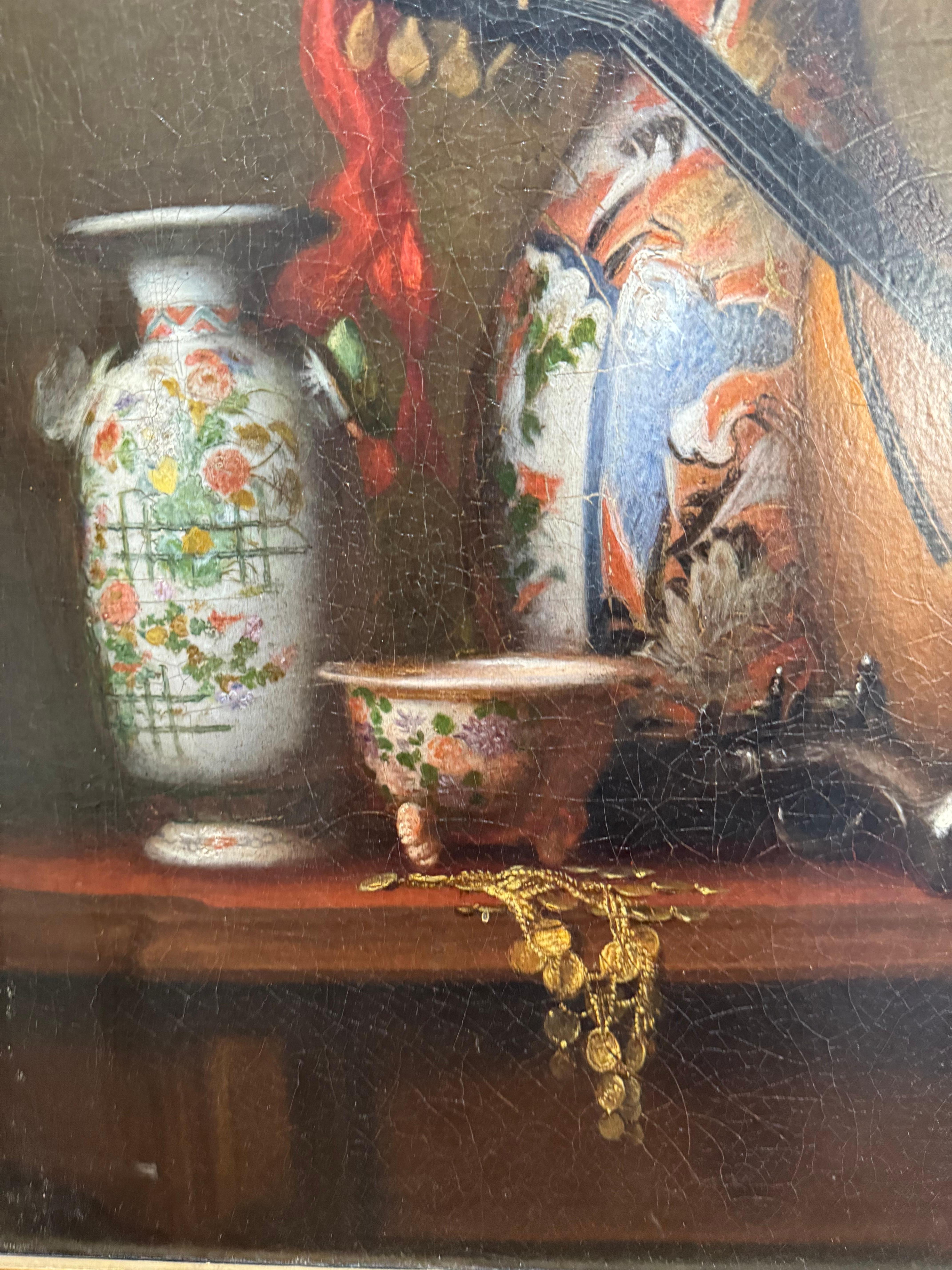 MUSEO ESPOSTO DEL 1879 Natura morta americana con vasi asiatici e mandolino in vendita 3