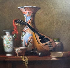 1879 MUSEUM EXHIBITED American CHINOSERIE Still Life w/ Asian Vases and Mandolin