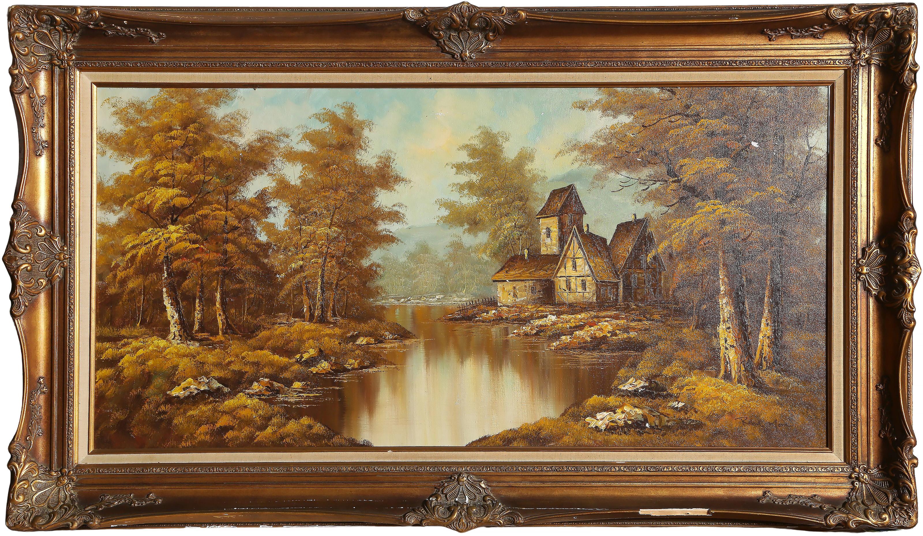 Robert Moore, American - Lakeside Cottage, Medium:  Oil on Canvas, signed lower right, Size:  24.25 x 48 in. (61.6 x 121.92 cm), Frame Size:  34 x 58 inches
