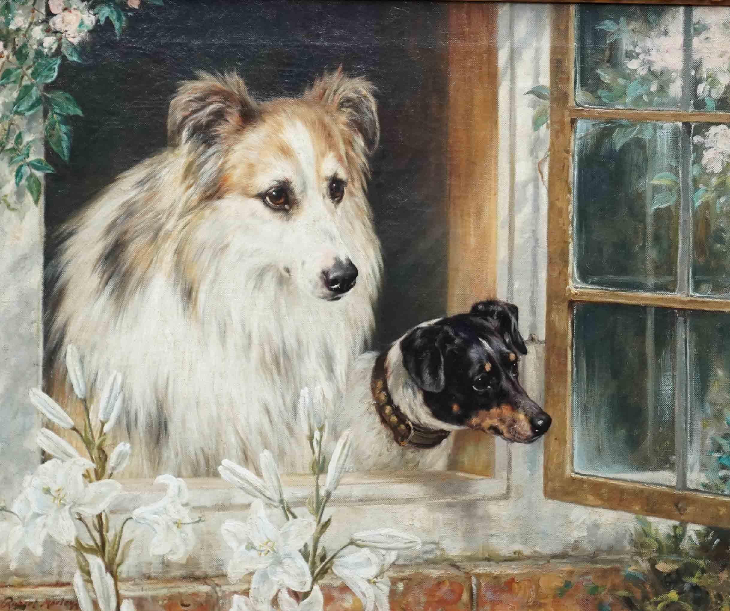 Collie and Terrier at an Open Window - British Victorian dog art oil painting - Painting by Robert Morley