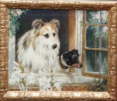 Collie and Terrier at an Open Window - British Victorian dog art oil painting