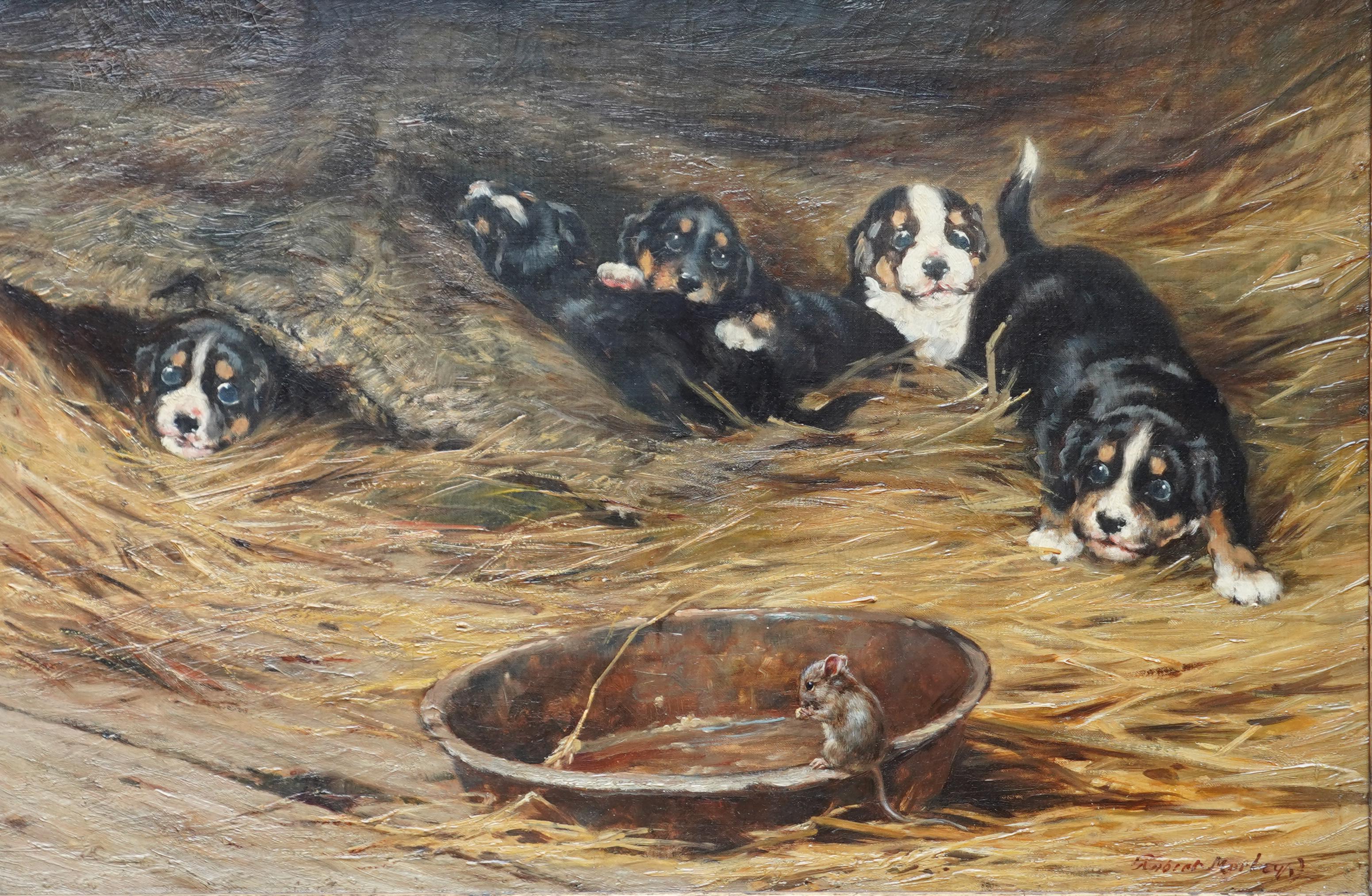 Mouse with Spaniel Puppies - British Edwardian art dog portrait oil painting 4