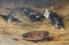 Mouse with Spaniel Puppies - British Edwardian art dog portrait oil painting