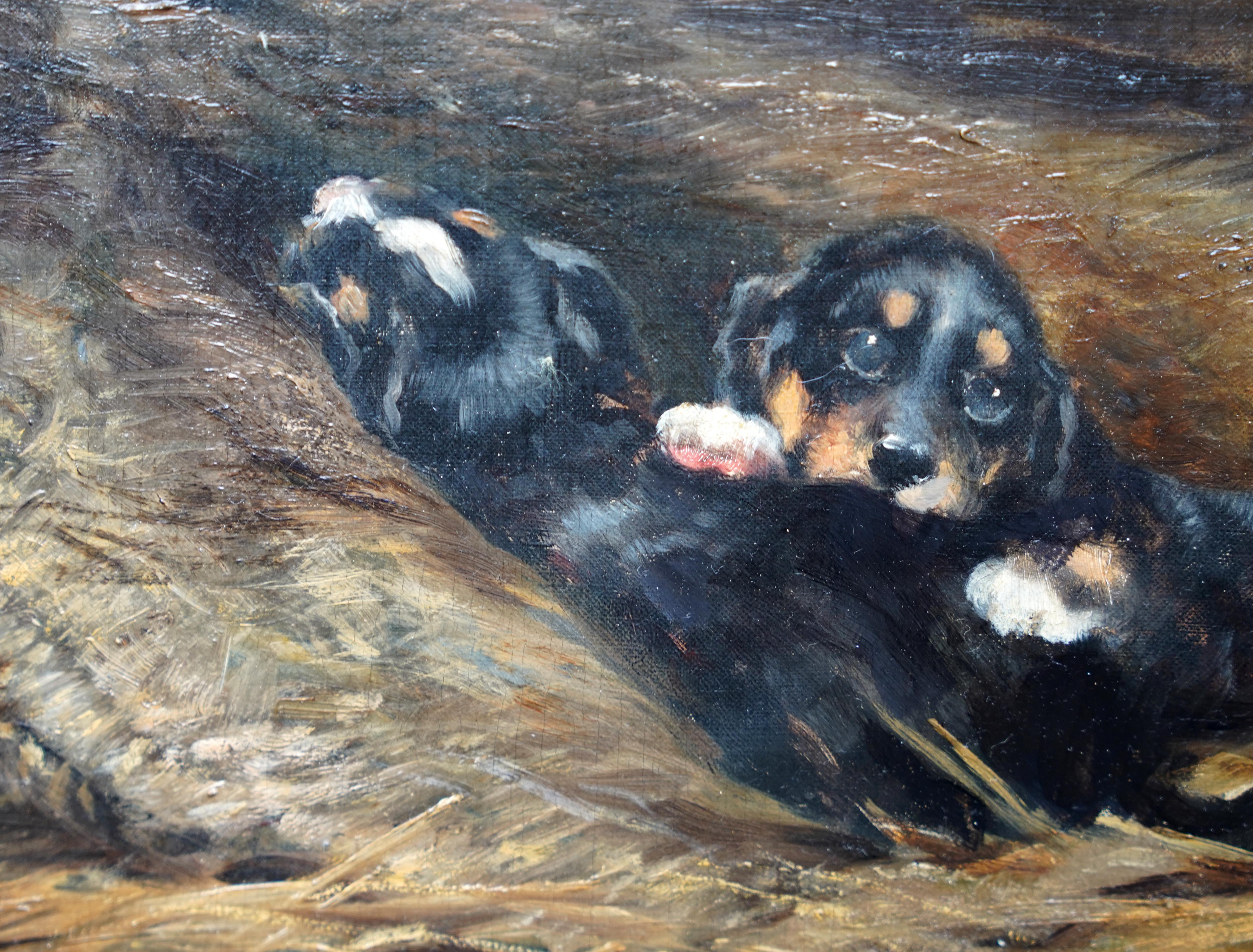 Mouse with Spaniel Puppies - British Edwardian art dog portrait oil painting - Realist Painting by Robert Morley