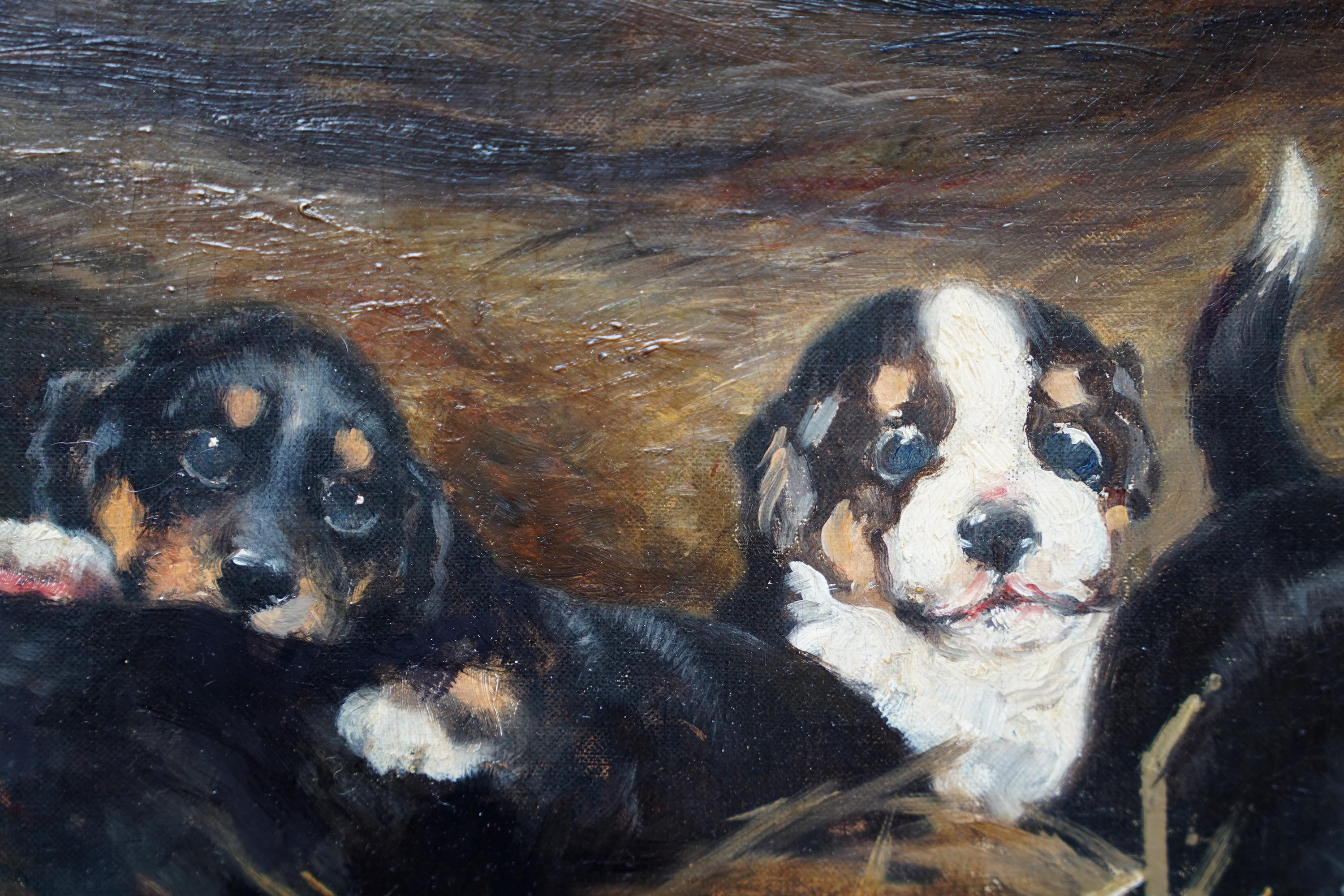 This very charming Edwardian oil painting is by noted British and extensively exhibited animal artist Robert Morley. Painted circa 1910 the painting is of five spaniel puppies looking on with a mixture of alarm and curiosity as a mouse finishes off