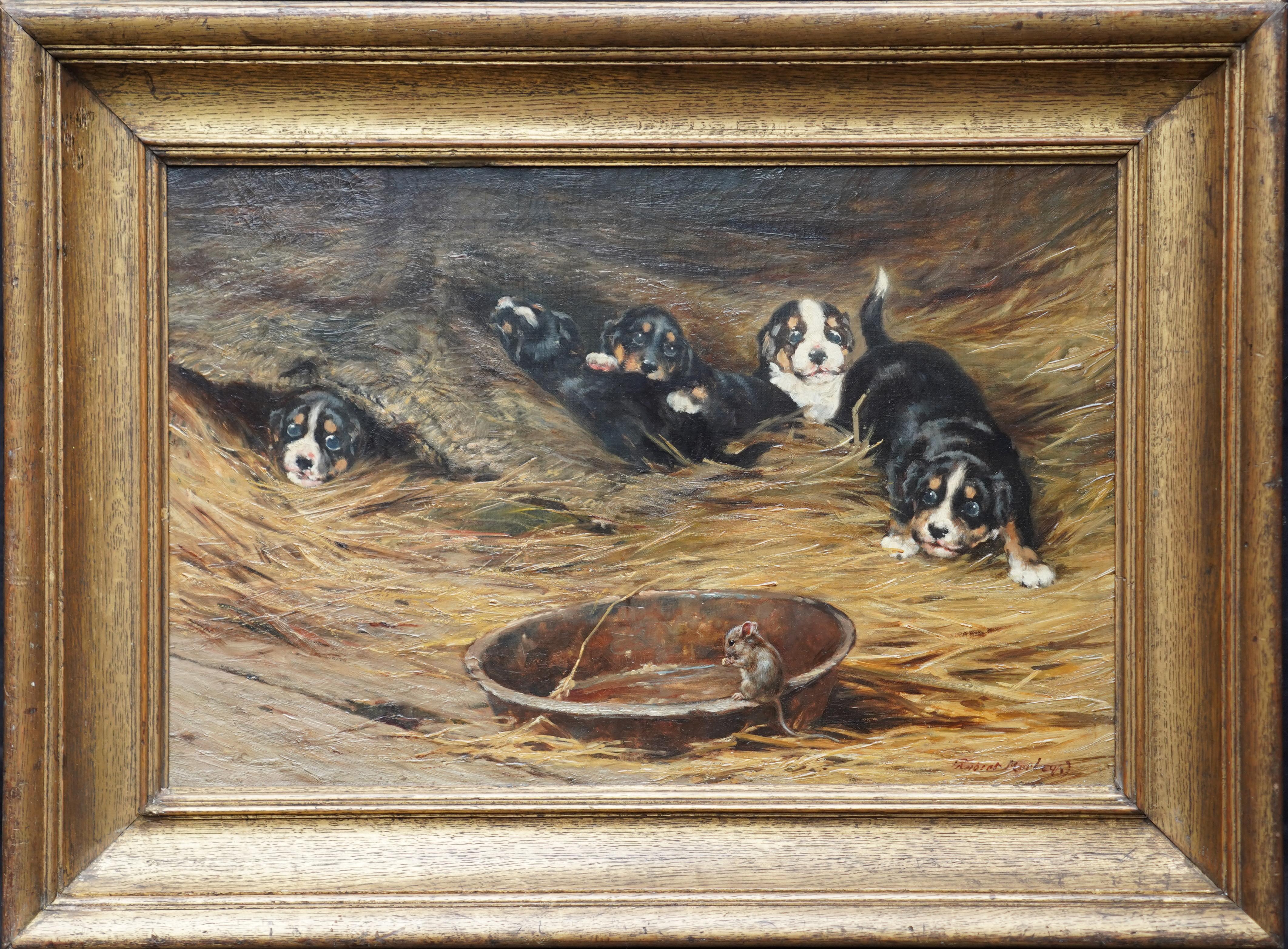 Robert Morley Animal Painting - Mouse with Spaniel Puppies - British Edwardian art dog portrait oil painting