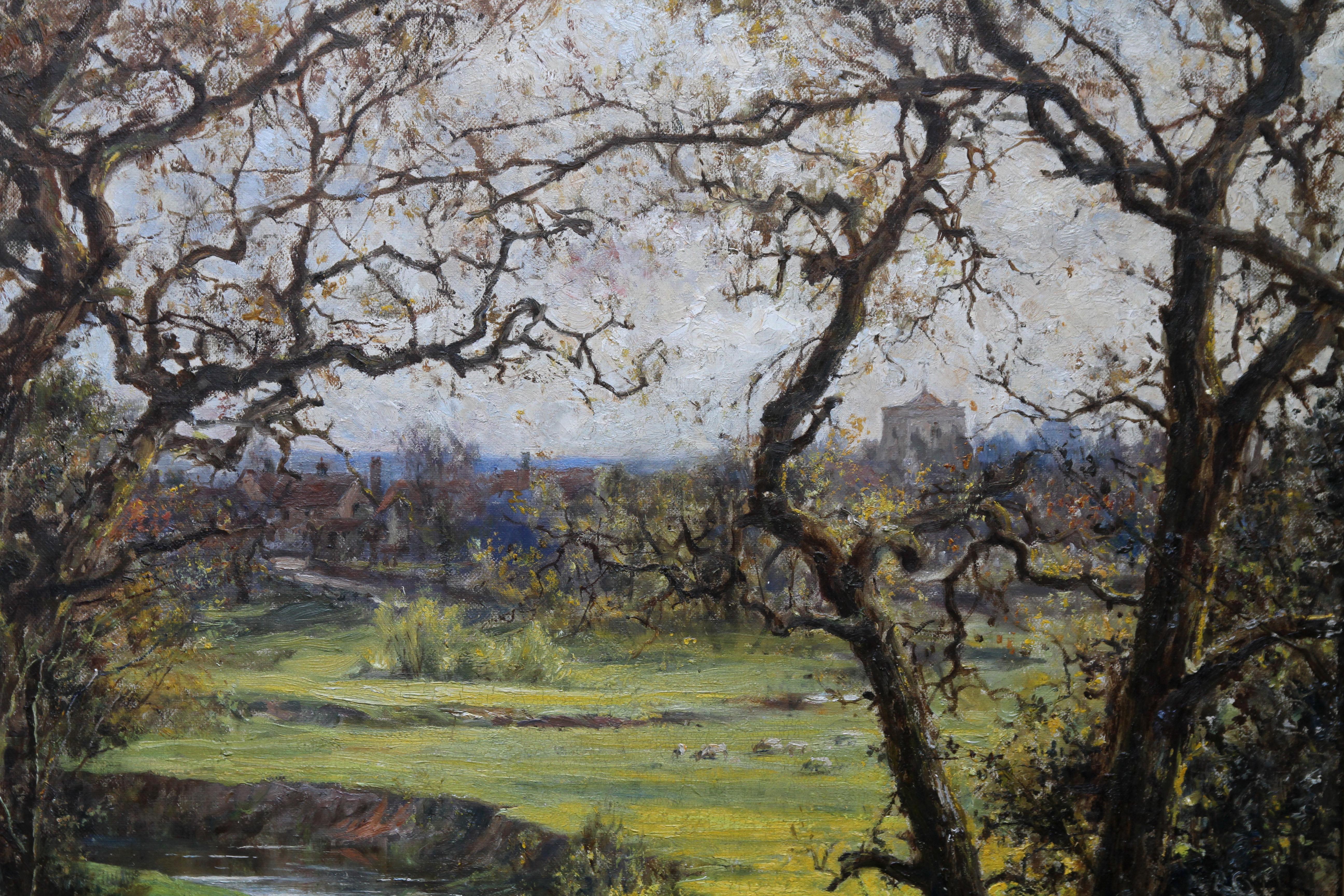 Très belle peinture à l'huile impressionniste britannique de Robert Morley.  La peinture date d'environ 1911 et a peut-être été réalisée près de Frensham, dans le Surrey, où il vivait. On dirait que c'est le printemps, car les jacinthes sont au
