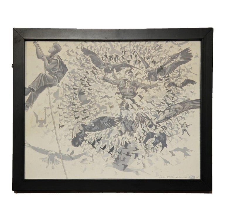 Surrealist figurative painting of a boy climbing up a rope. In the center is a bust of another man surrounded by birds. The work is signed, titled and dated by the artist. The board is framed in a black frame.
Dimensions without Frame: H 8 in x W