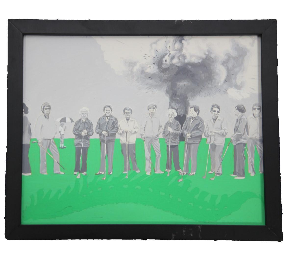 Portrait of a group of individuals standing on a green golf course. In the background, there is a mushroom cloud rising up over the group. The work is signed by the artist. It is titled and dated by the artist as well. The board is framed in a black