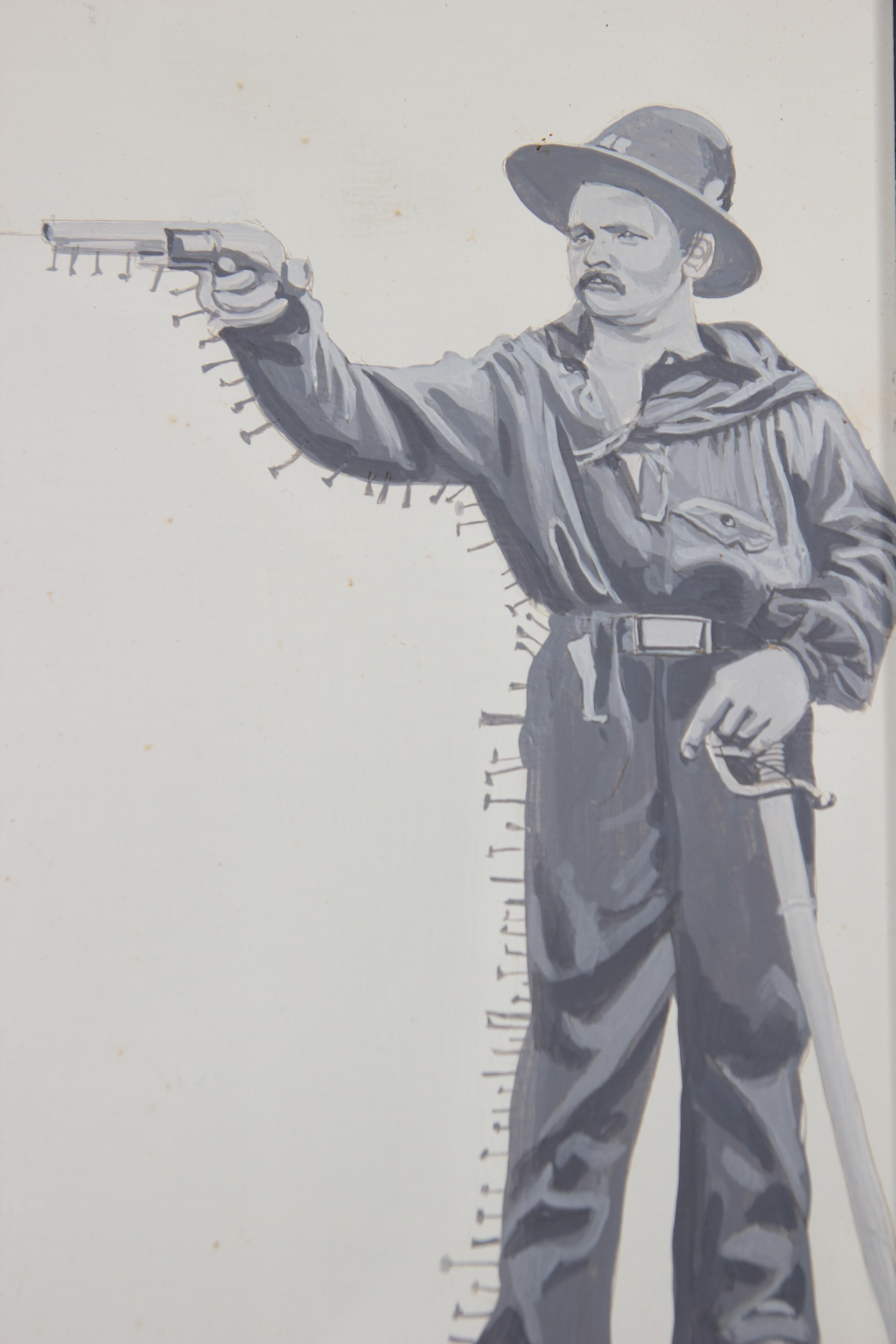 Portrait of a man shooting off a pistol into a cloud of grey. There is an African sculpture with nails leading up the mans arm and to his pistol. The work is signed, titled and dated by the artist. It is framed in a black frame.

Dimensions with