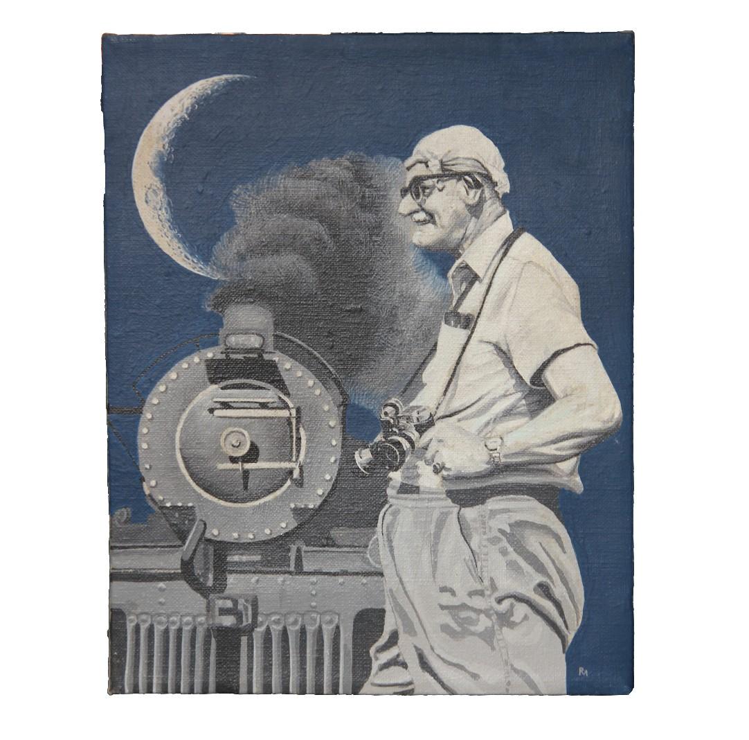 Robert Morris Figurative Painting - "Train Enthusiast" Naturalistic Portrait with Steam Engine