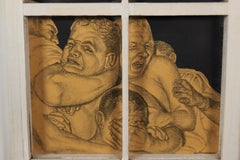 Montaje con hombres luchando dentro de una ventana