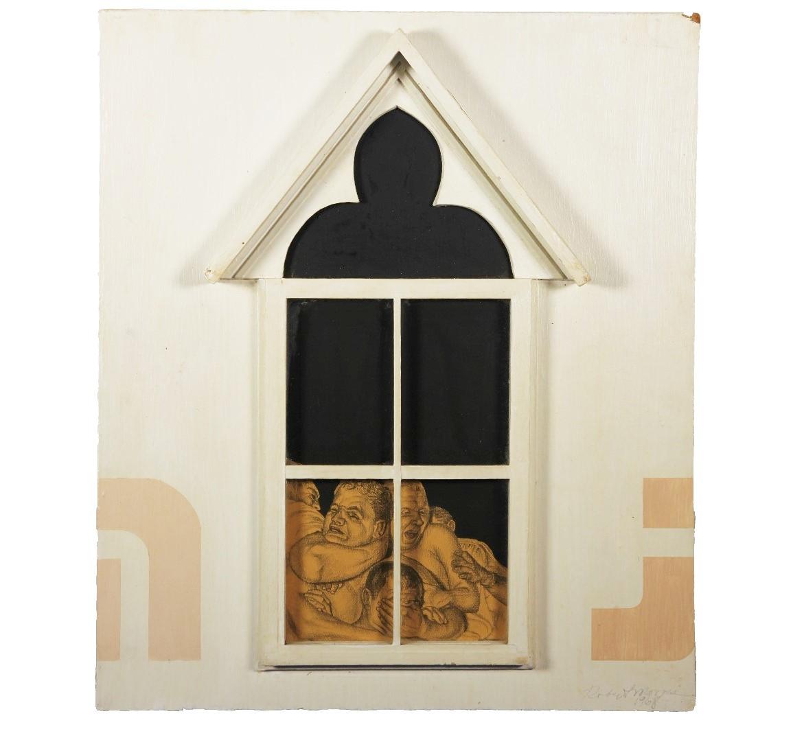 Assemblage with Men Wrestling Inside a Window - Sculpture by Robert Morris