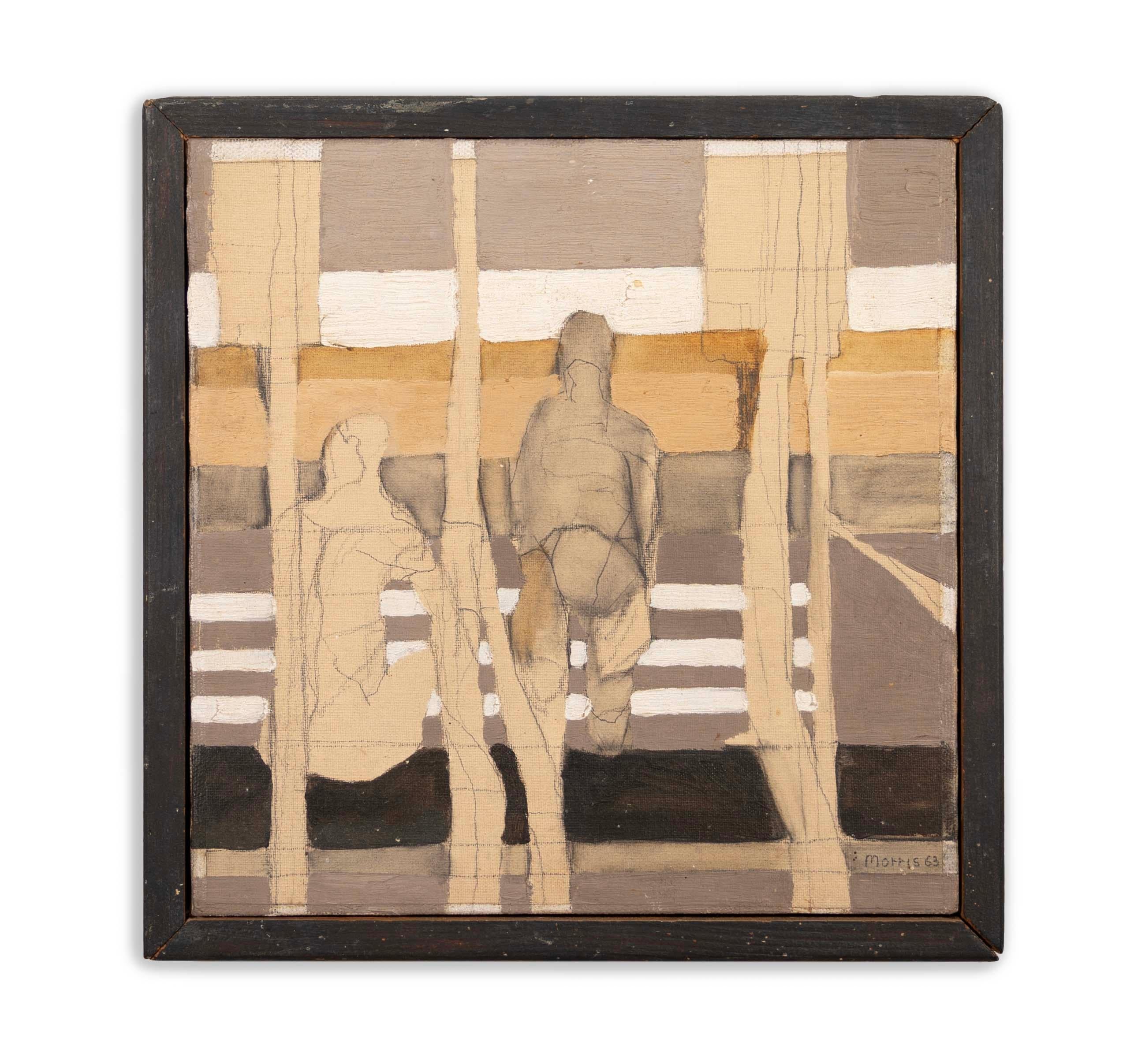 Americano Robert Morris firmato 1963 Pittura acrilica astratta figurativa su tela con cornice in vendita