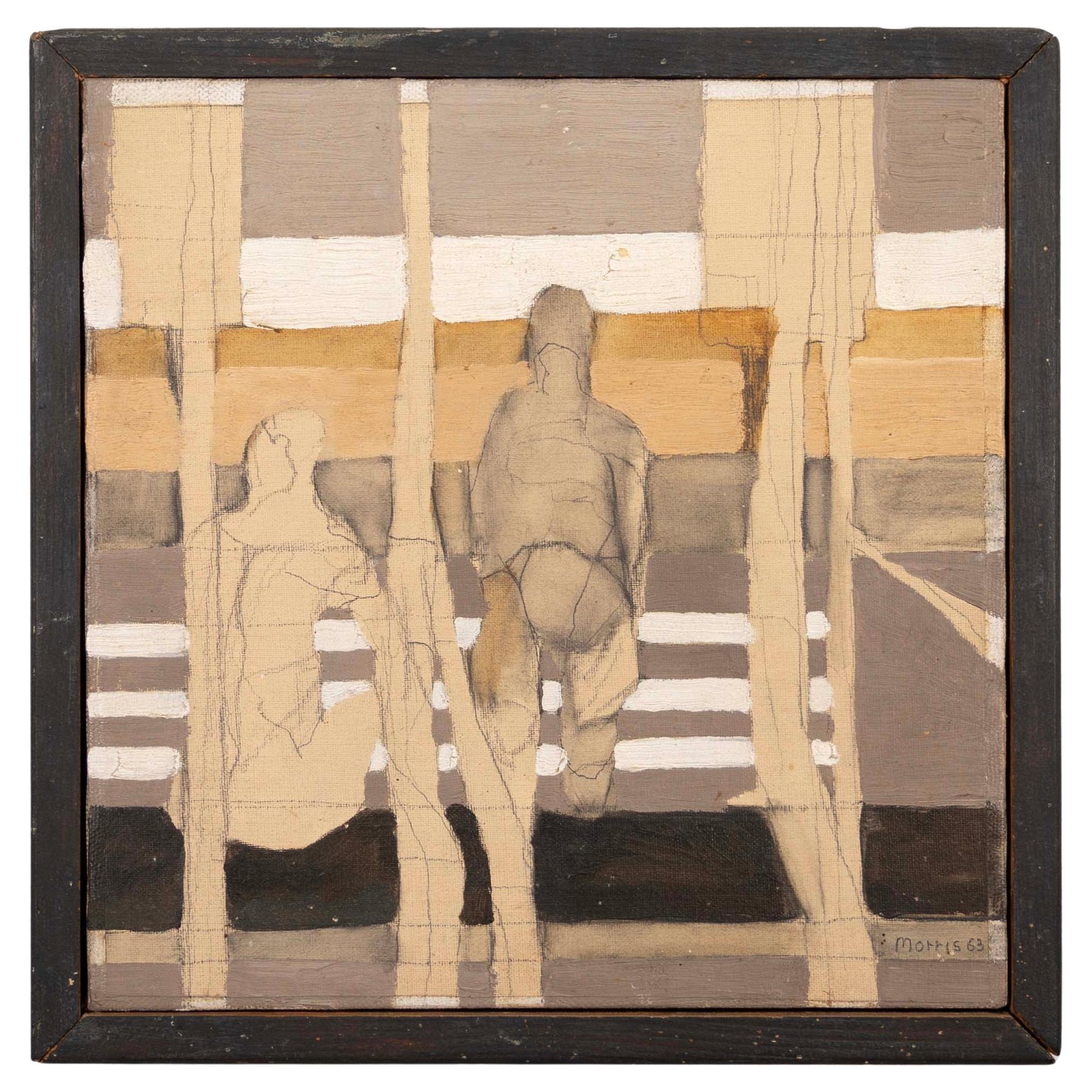 Robert Morris Firmado 1963 Pintura acrílica abstracta figurativa sobre lienzo Enmarcado