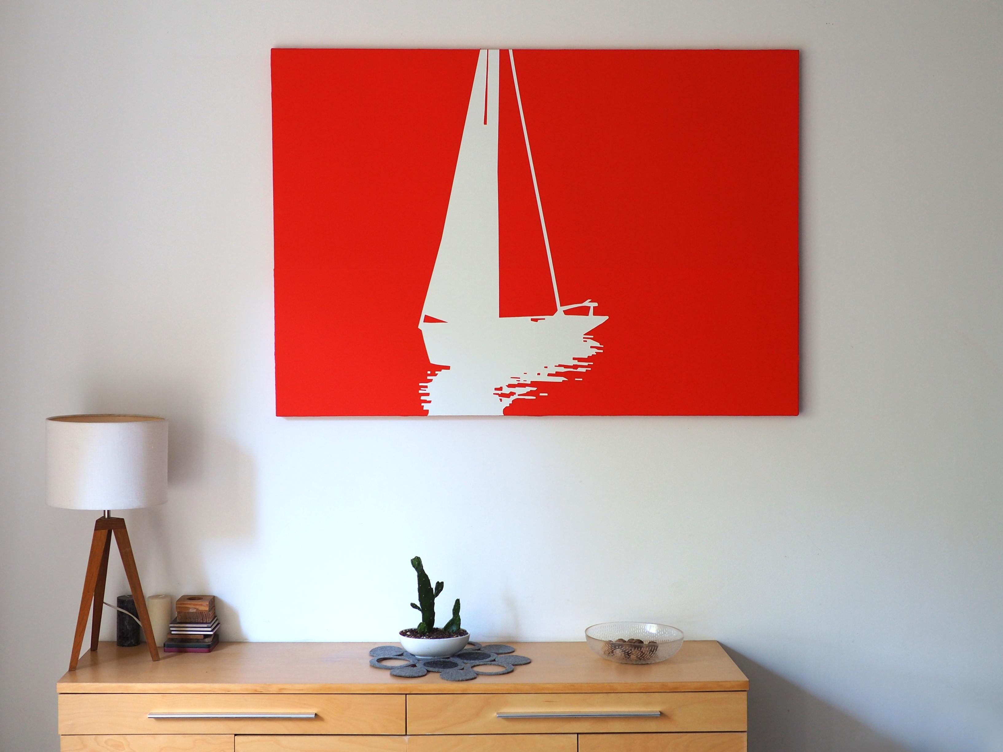Boat 12 August 19:55 -  Modern Minimalistic Landscape Painting, See View - Red Figurative Painting by Robert Motelski