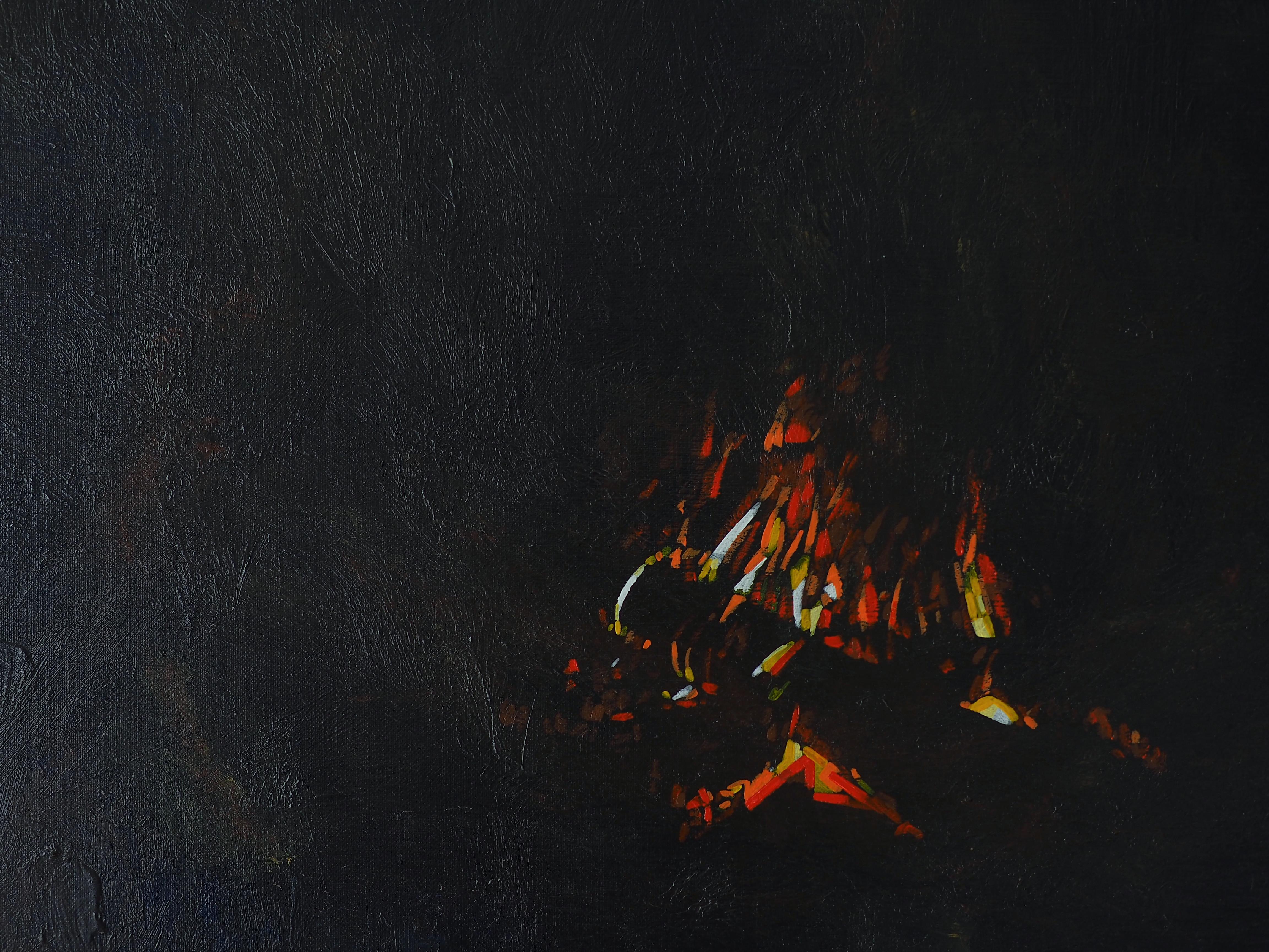 Campfire 18. September 22:24 - Waldlandschaft Nacht  Malerei, Natur – Painting von Robert Motelski