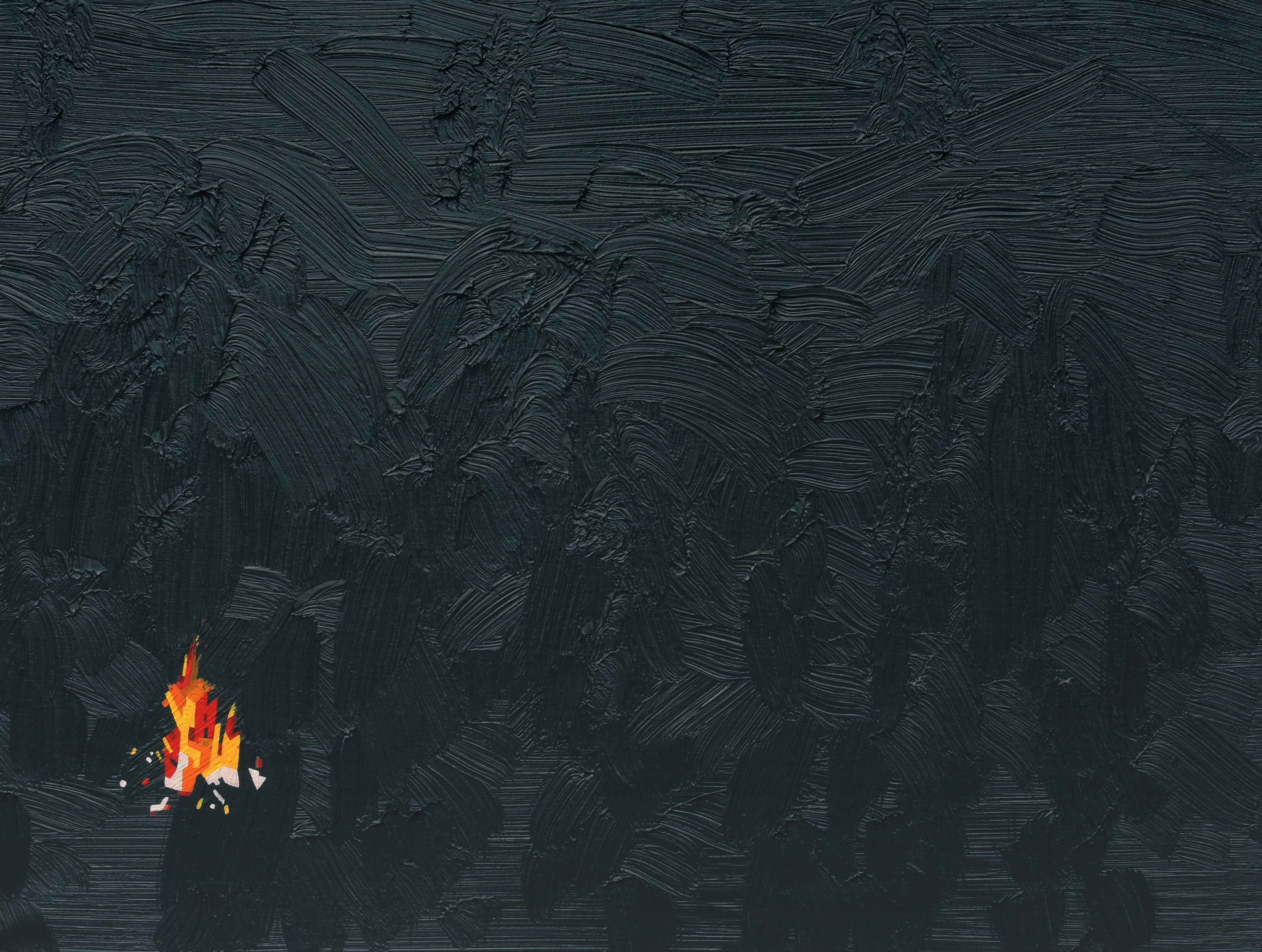 Robert Motelski Abstract Painting – Campfire, 4. Juni 23:05, Lager  -  Dunkelblaues-grünes Landschaftsgemälde, Ölgemälde, Wald, Bäume