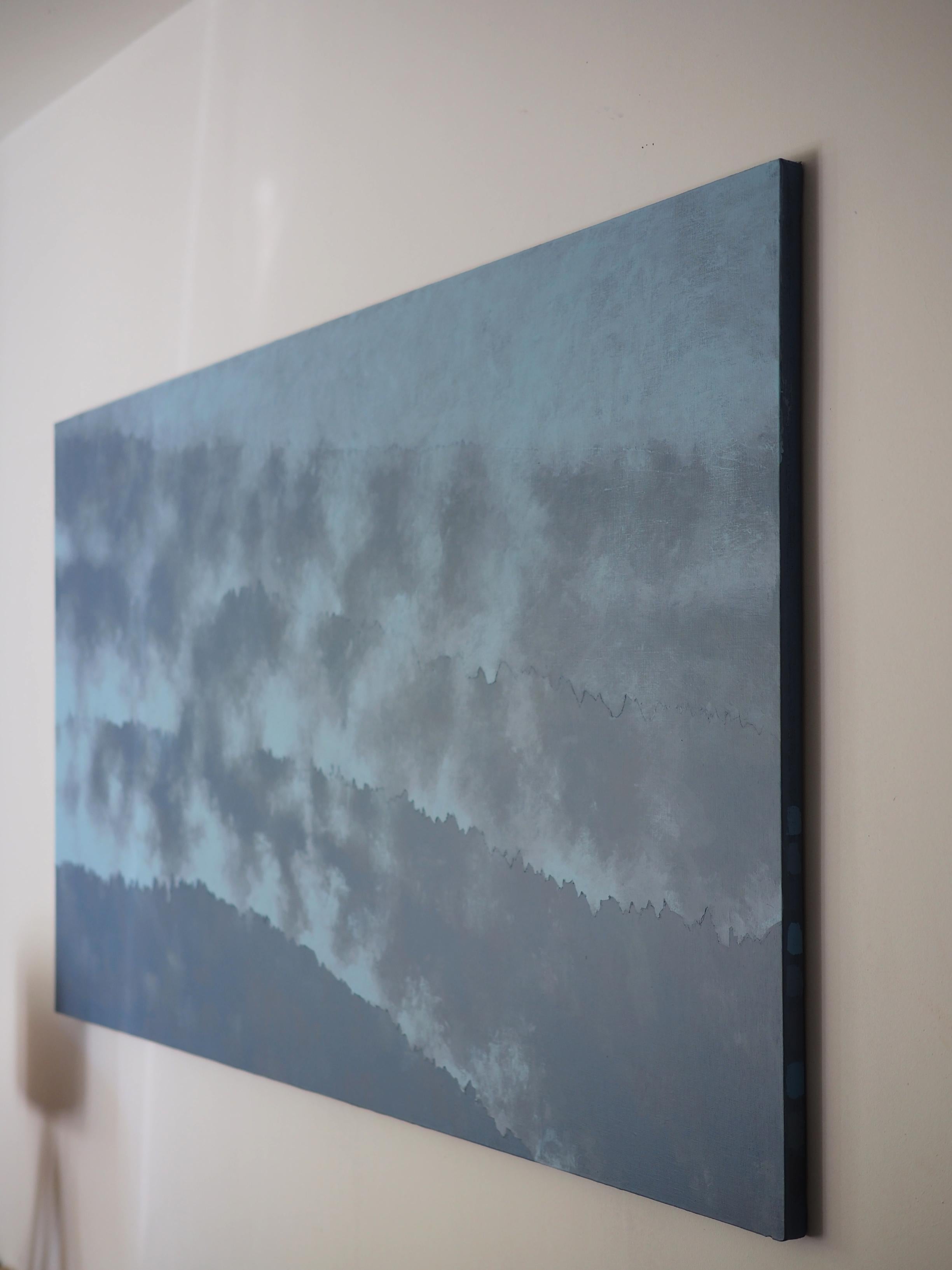 Fog 21 August 15:01 - Moderne expressive Landschaftsmalerei, Großformat (Blau), Figurative Painting, von Robert Motelski