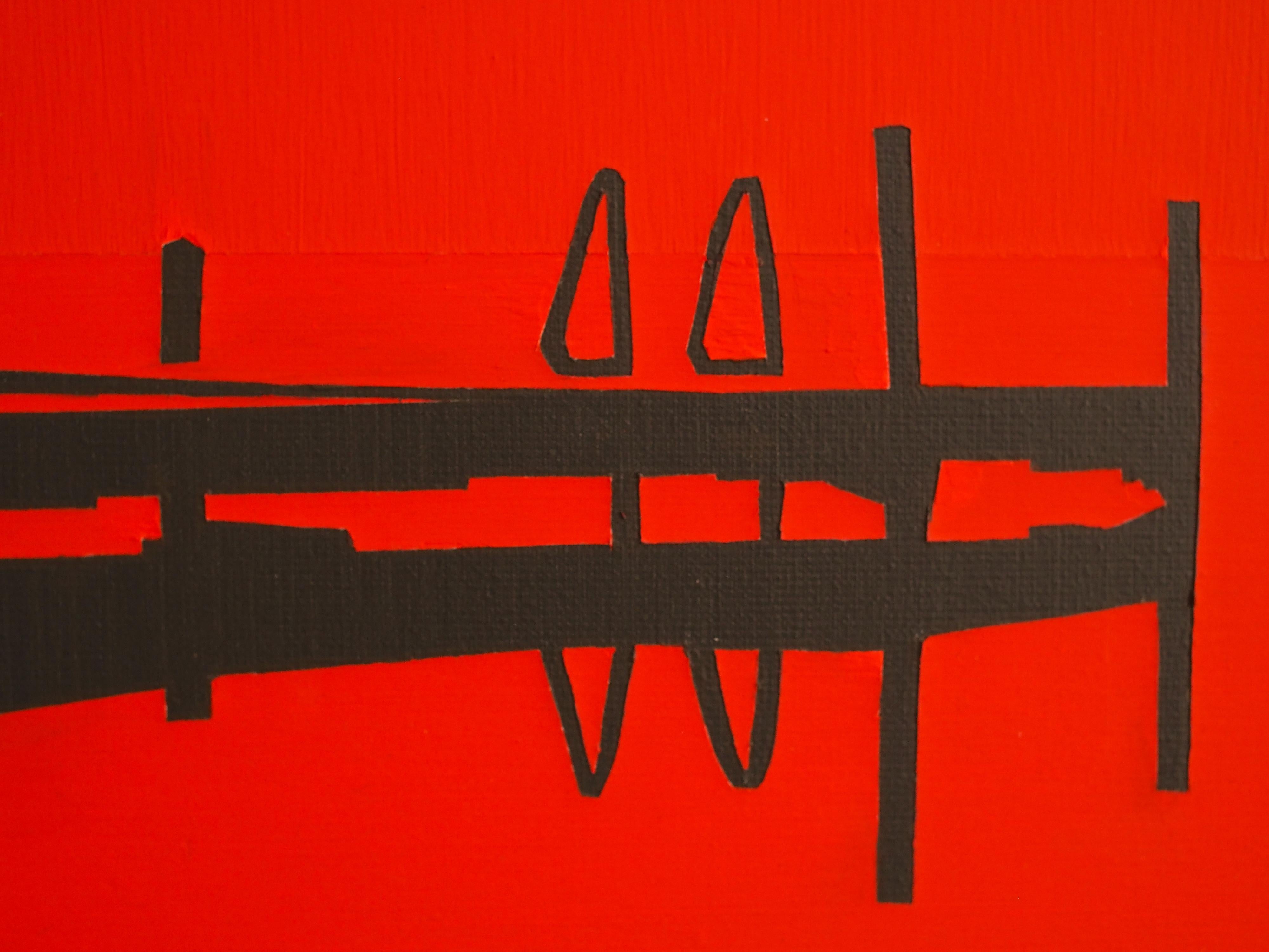 Jetty 12 Agosto 20:14 - Pintura Minimalista Roja Moderna de Paisaje, See View - Painting de Robert Motelski