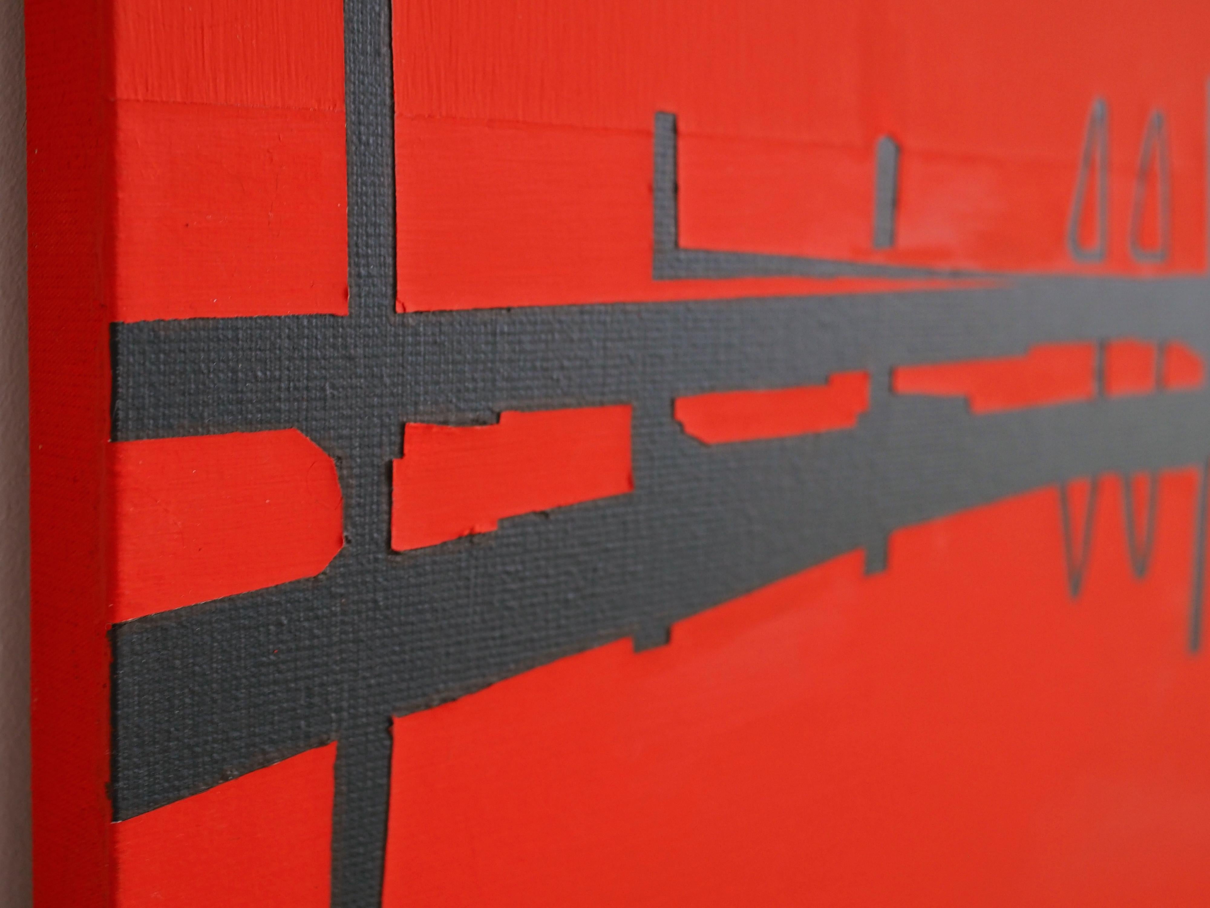 Jetty 12 Agosto 20:14 - Pintura Minimalista Roja Moderna de Paisaje, See View - Painting Contemporáneo de Robert Motelski