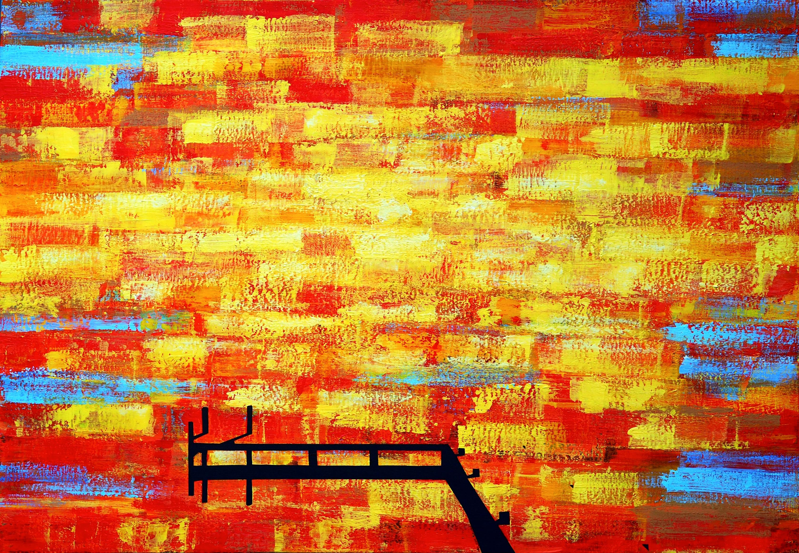 Jetty 24 juillet 19:48 - Paysage de lac moderne, peinture expressive de vue d'eau