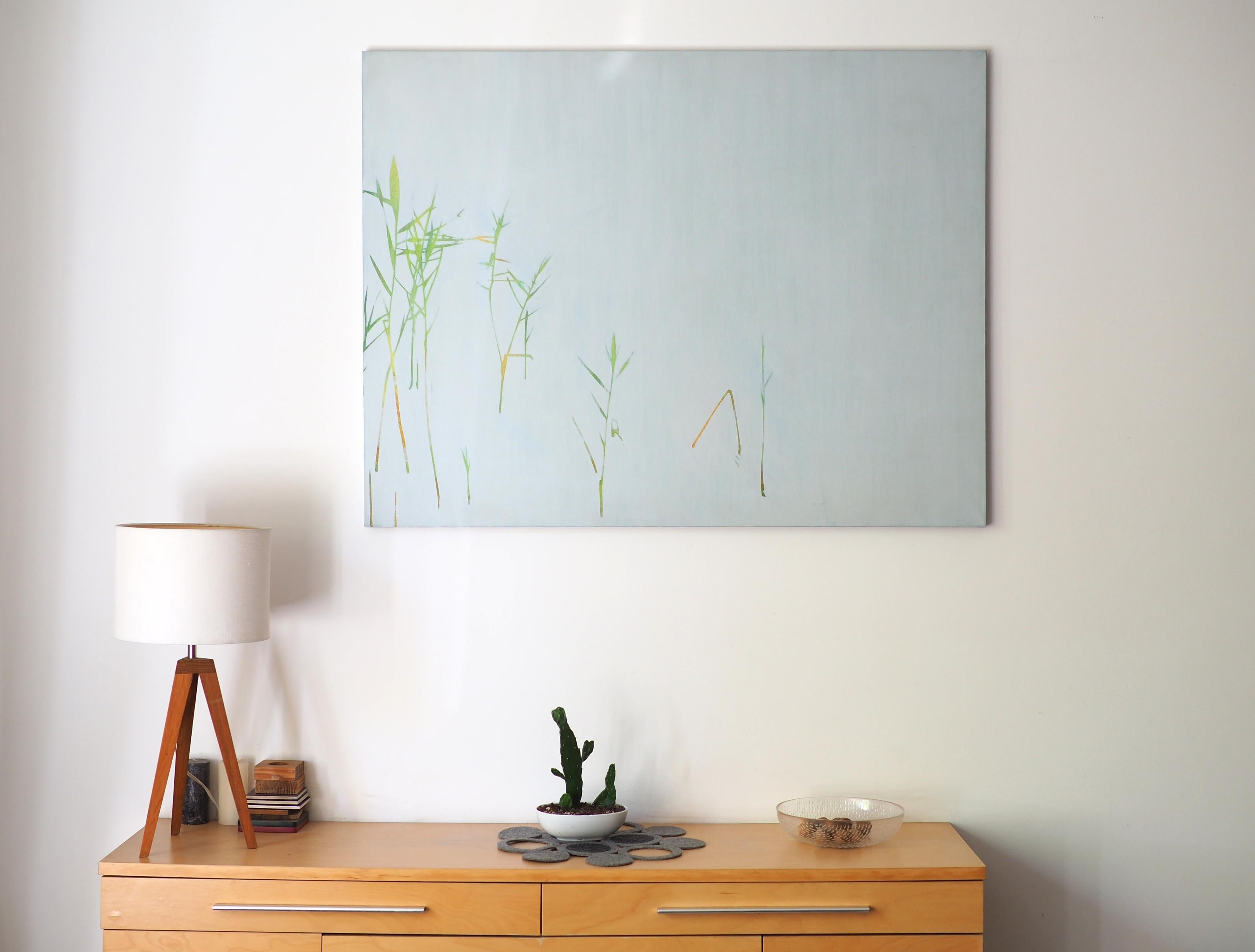 Reeds 15 July 12:56 -  Modern Landscape Oil Painting, Minimalistic, Nature, Lake - Gray Abstract Painting by Robert Motelski