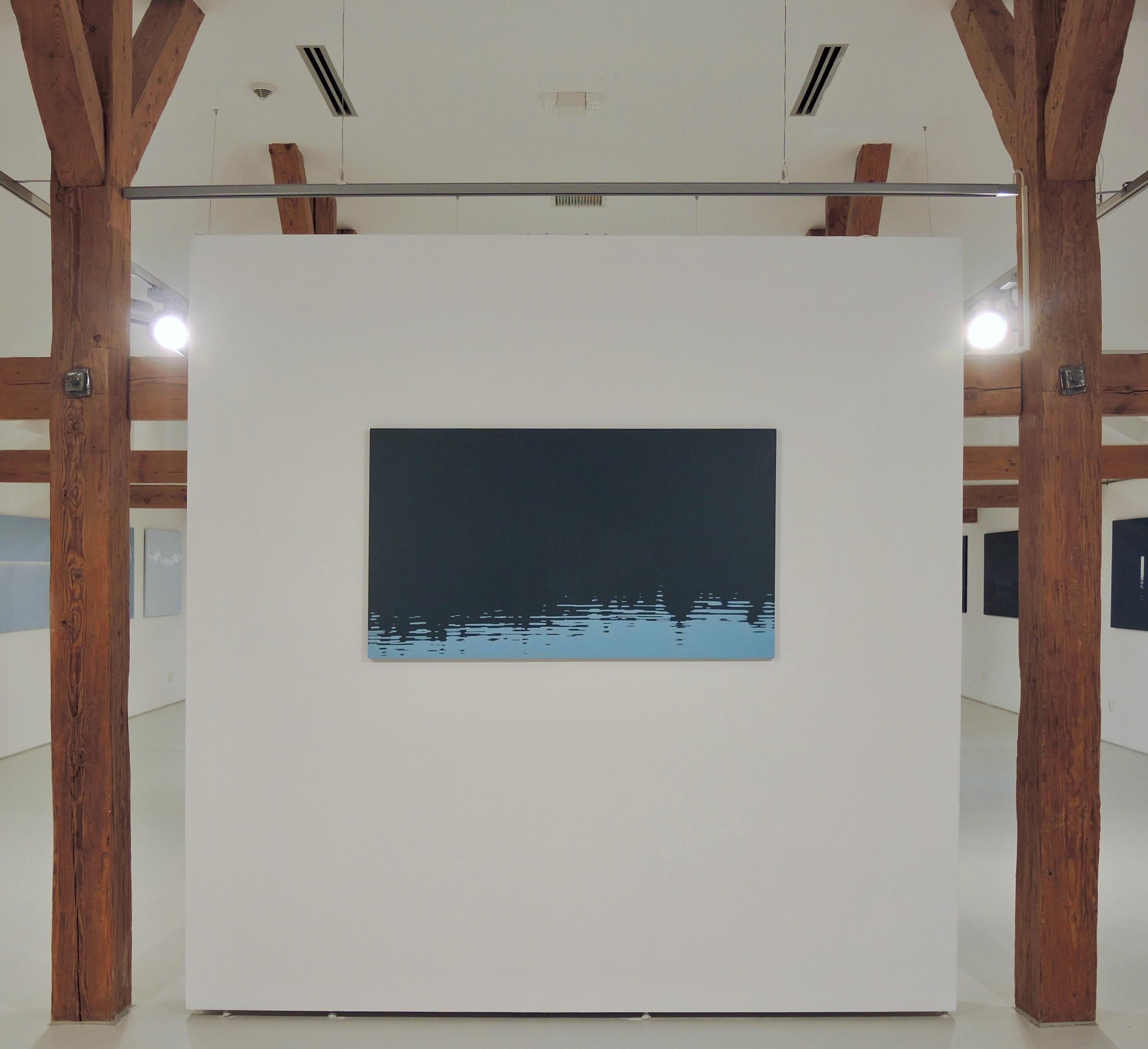 Sombra 14 agosto 19:42 Pintura Paisaje Moderno, Minimalista, Lago, Vista al Agua - Figurative Painting Negro de Robert Motelski