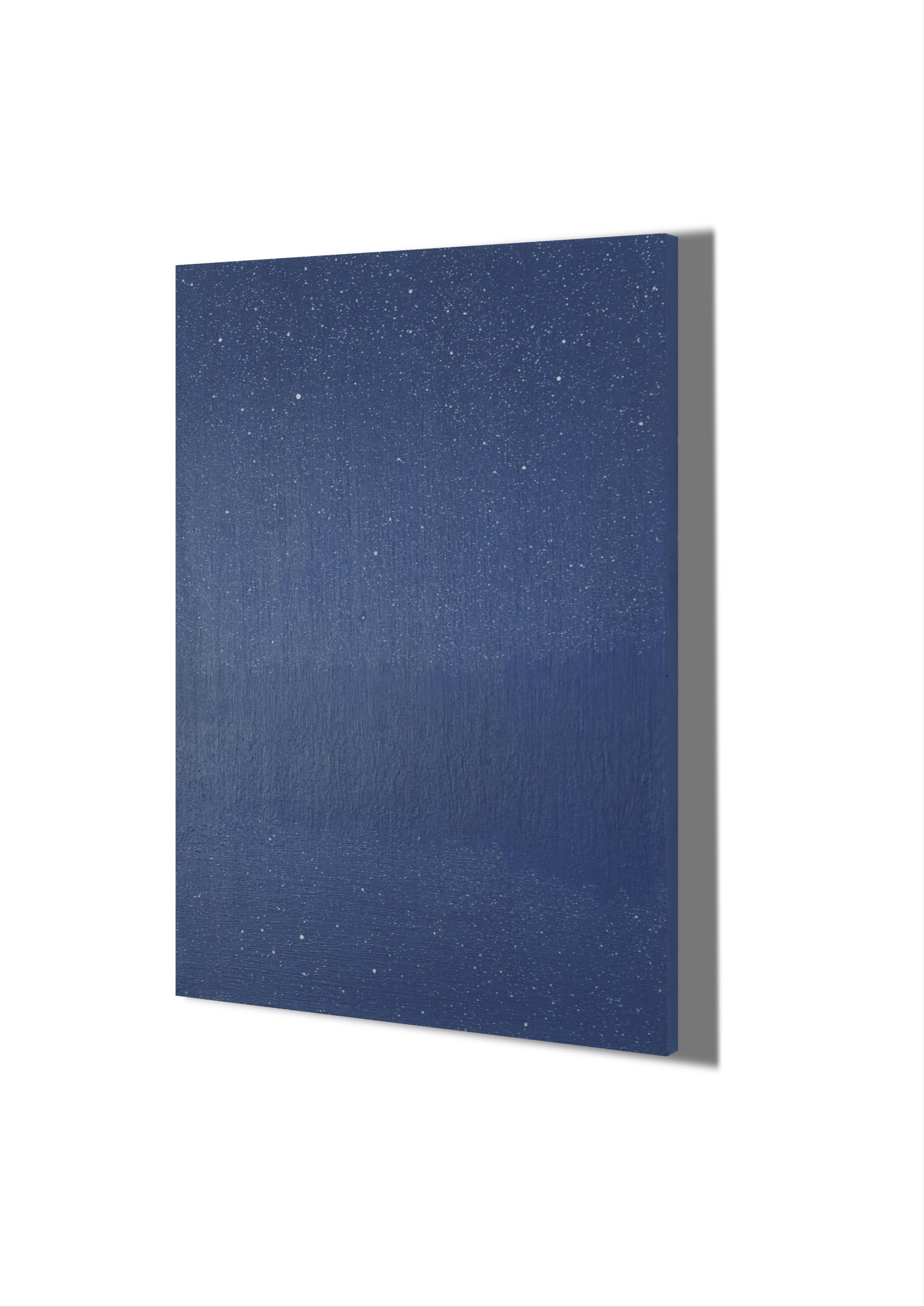 Sterne 3 Oktober 22:53 - Moderne Nachthimmel-Landschaftsmalerei, Minimalistische Kunst (Blau), Figurative Painting, von Robert Motelski