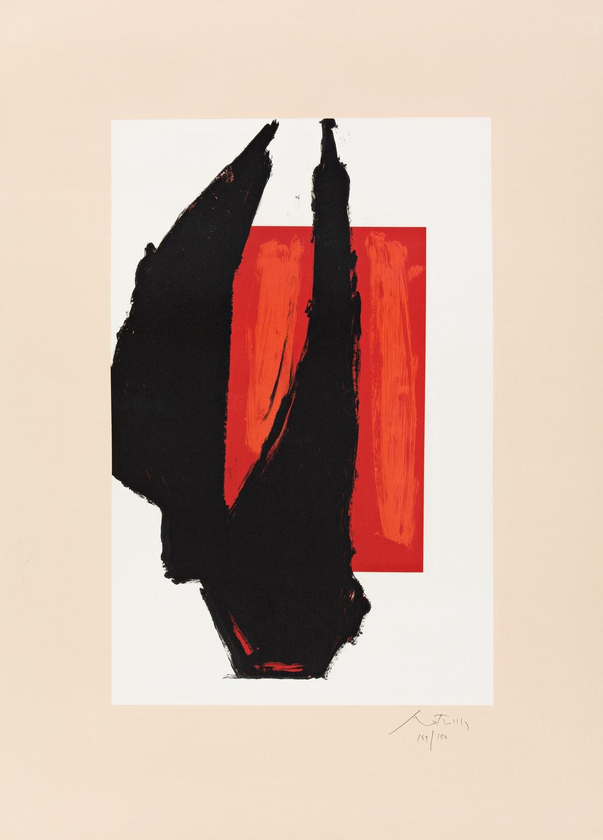 Colorful lithograph by American Abstract Expressionist artist Robert Motherwell from a limited edition of 150.  Signed by Motherwell and numbered in pencil.  Printed by Tyler Graphics, Ltd., Bedford, with the blind stamp lower right. 