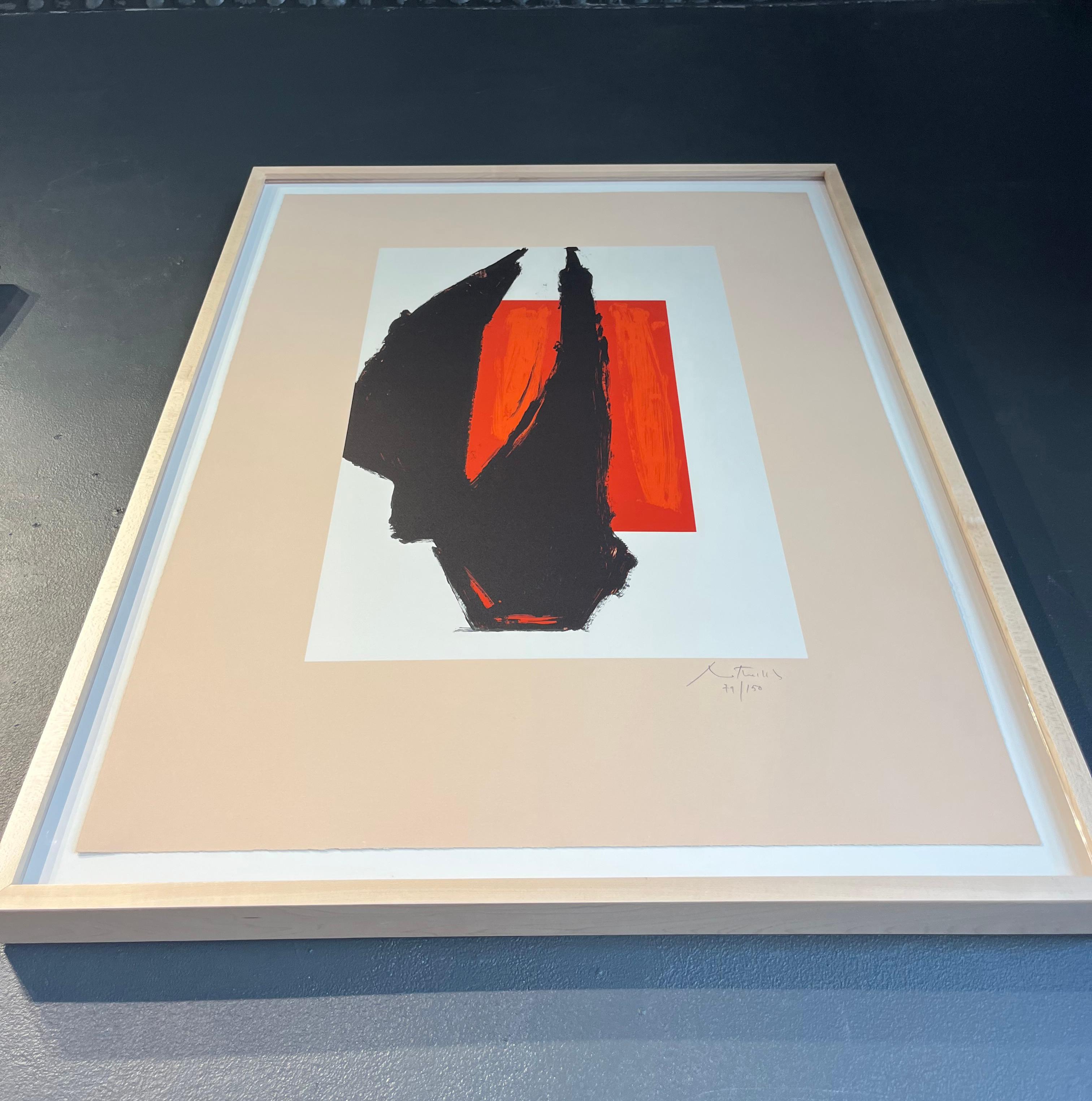 This classic lithograph by renowned artist Robert Motherwell was created for the 1981 art Chicago show at Navy Pier. Motherwell was known for his bold forms and vibrant colors, making his works highly recognizable and influential in art.
The