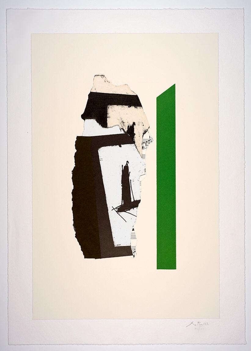 An extraordinary original color lithograph with collage, embossing and relief on Arches mounted to handmade paper, In White with Green Stripe was created by Robert Motherwell in 1987 and measures 34 x 24 in. (86.4 x 61 cm), unframed.  It is