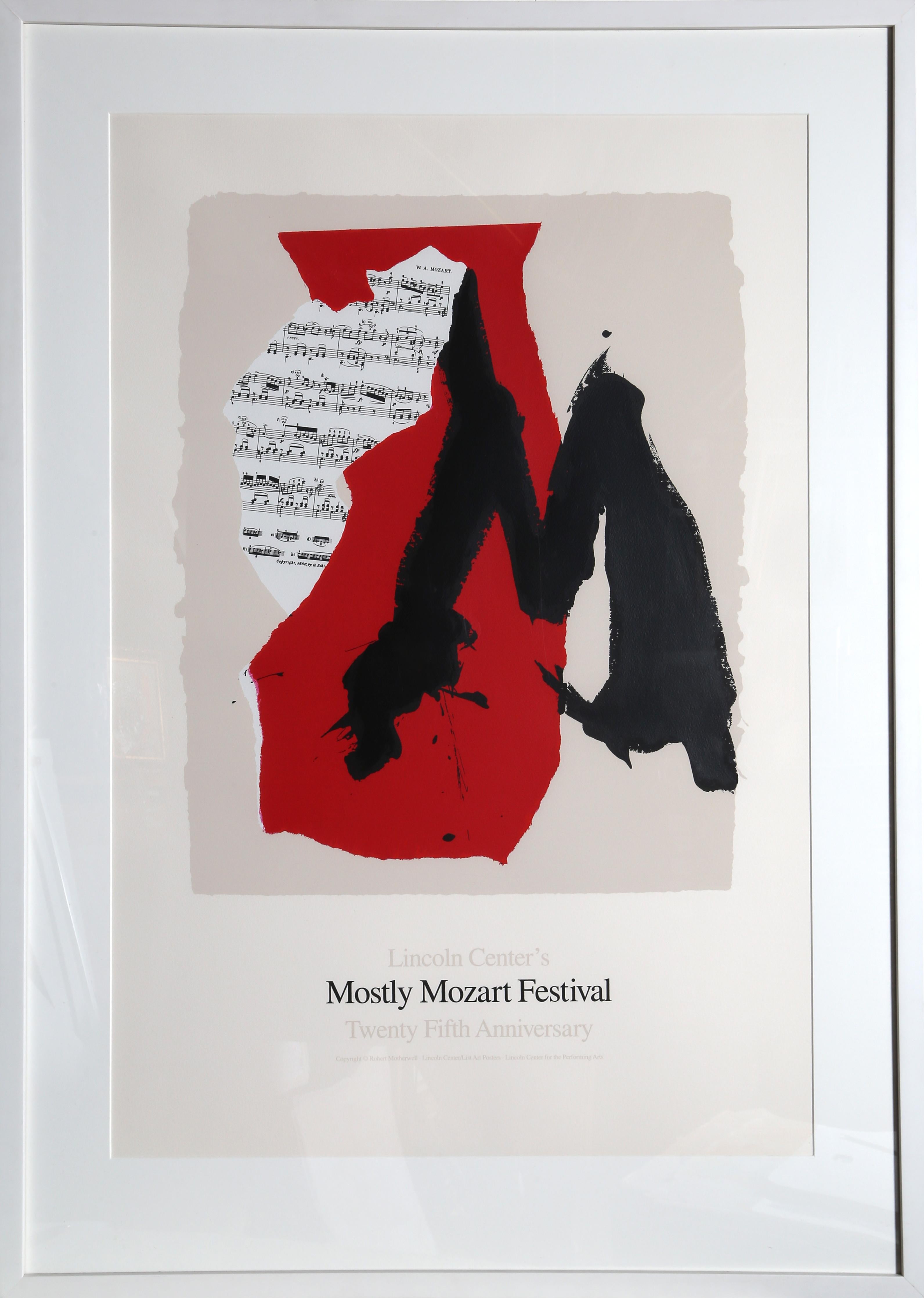 Robert Motherwell’s vibrant red lithograph features a collage-like composition with an intense contrast of black and red on top of sheet music.

Lincoln Center Mostly Mozart, 25th Anniversary
Robert Motherwell, American (1915–1991)
Date: