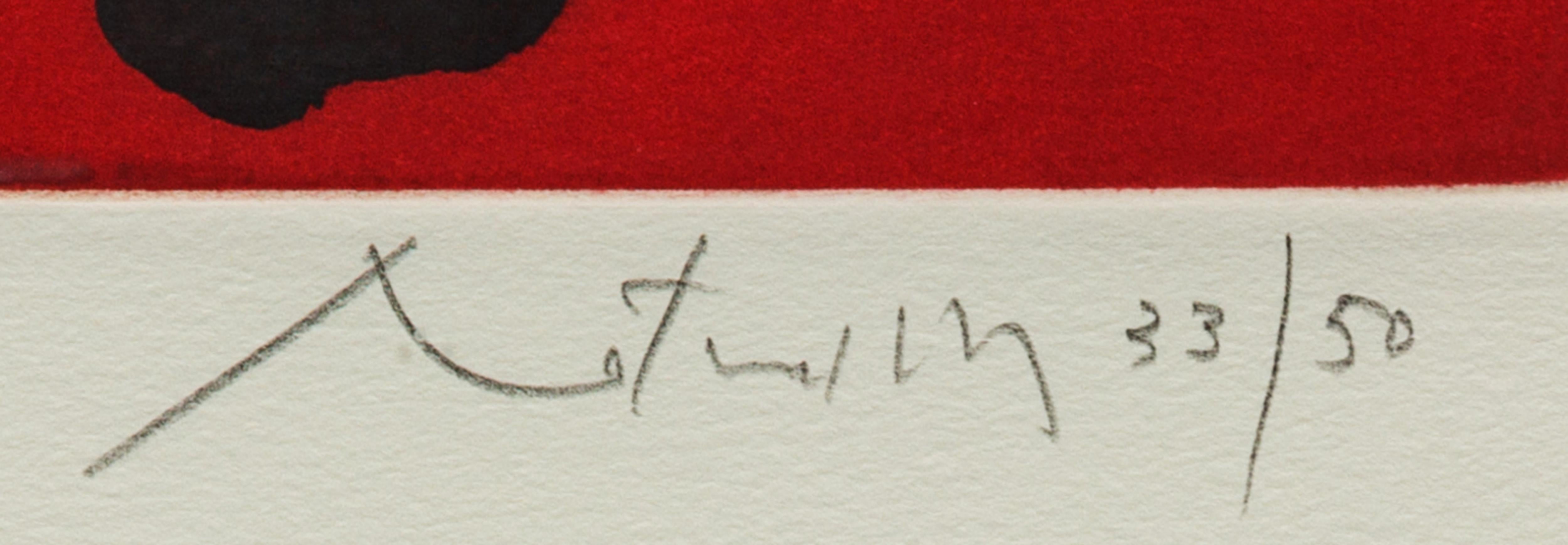 Robert Motherwell
Pull Out All Flags (Engberg, Banach 263), 1980
Aquatinte et gravure en couleurs, sur papier d'eau-forte allemand, à pleines marges
Signé à la main par l'artiste, signé au crayon et numéroté 33/50 au recto (il y avait aussi 10