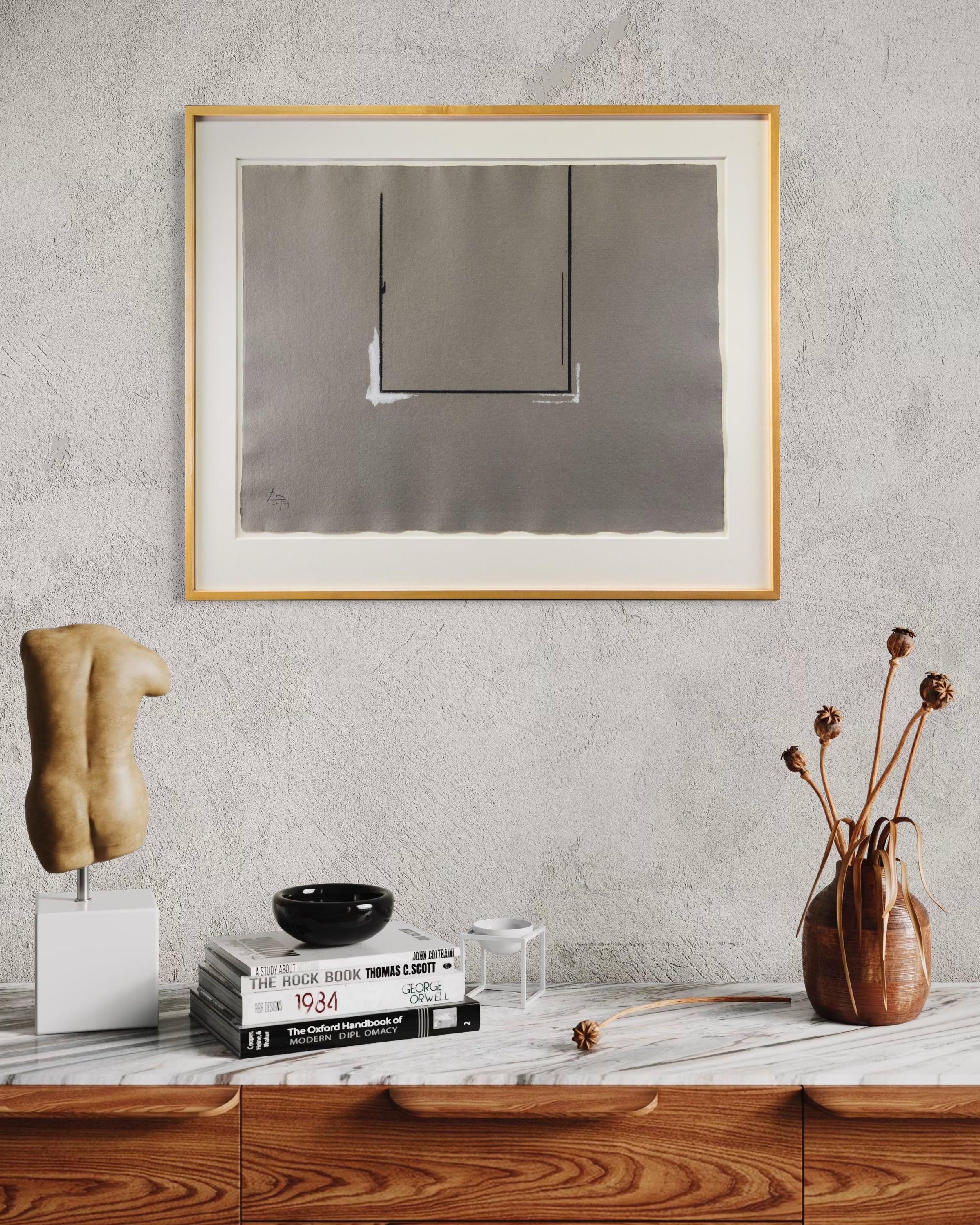 Artist: Robert Motherwell
Title: Gray Open with White Paint
Medium: Soft-Ground Etching and Pochoir on Gray Handmade Paper
Year: 1981
Image Size: 20.5" x 26"
Frame Size: 27.5" x 33"
Edition: 27/79
Inscription: Signed and Numbered on Bottom