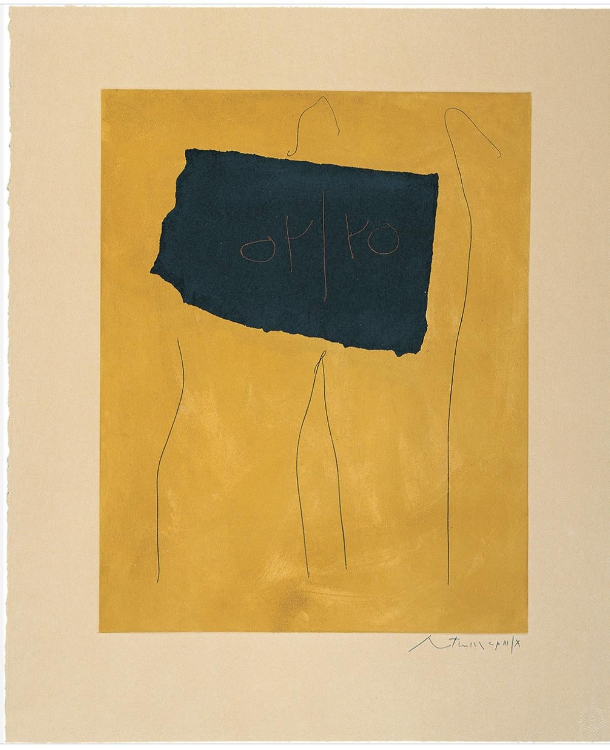 Robert Motherwell (American, 1915-1991)
Oy / Yo, 1978
Aquatint, soft ground etching in colors with collage on Buff Rives BFK paper and black Ingres paper
Edition 65/78 (In addition to 10 Artist's Proofs)
Pencil signed and numbered lower right
With