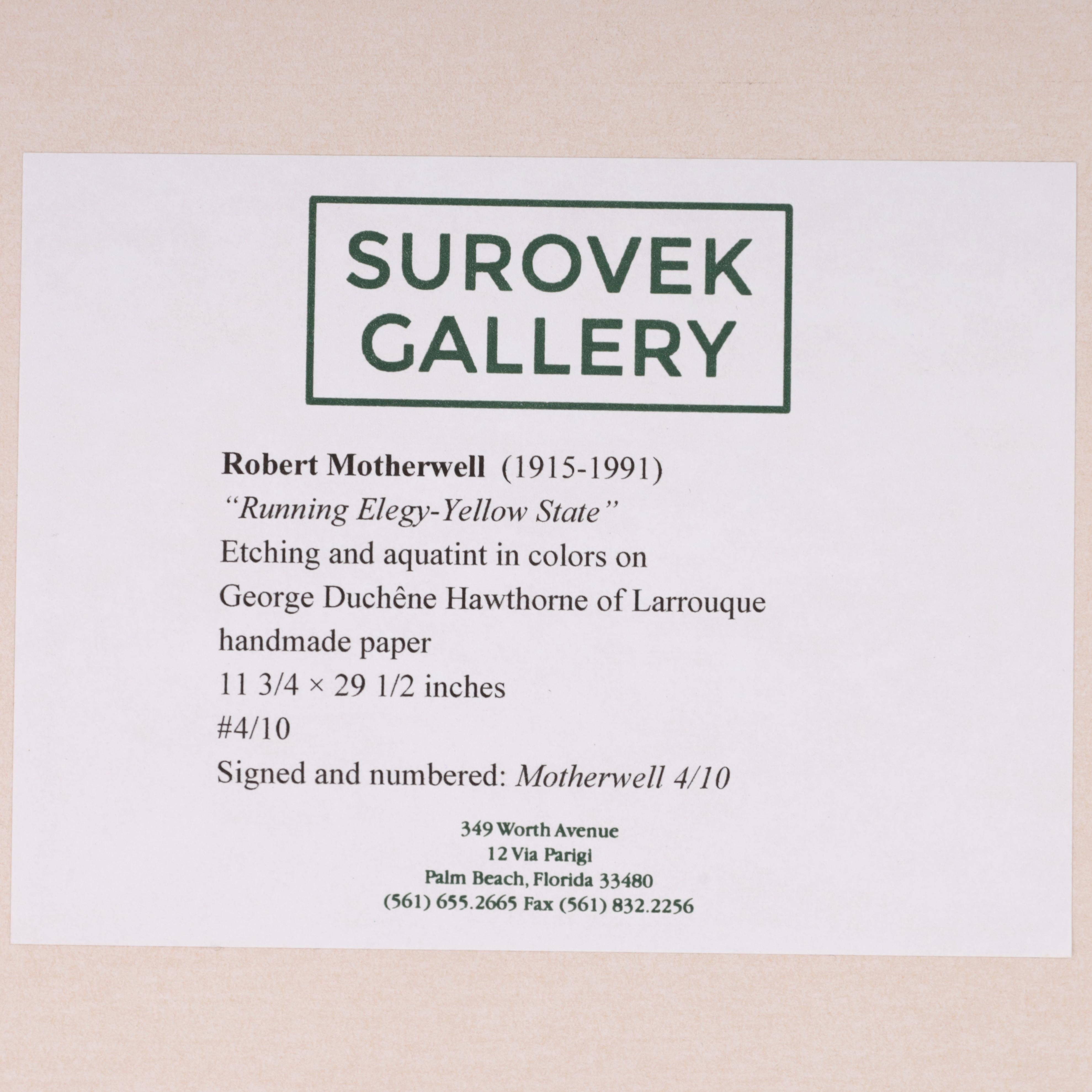 Robert Motherwell RUNNING ELEGY II, YELLOW STATE Etching & Aquatint, 35.5