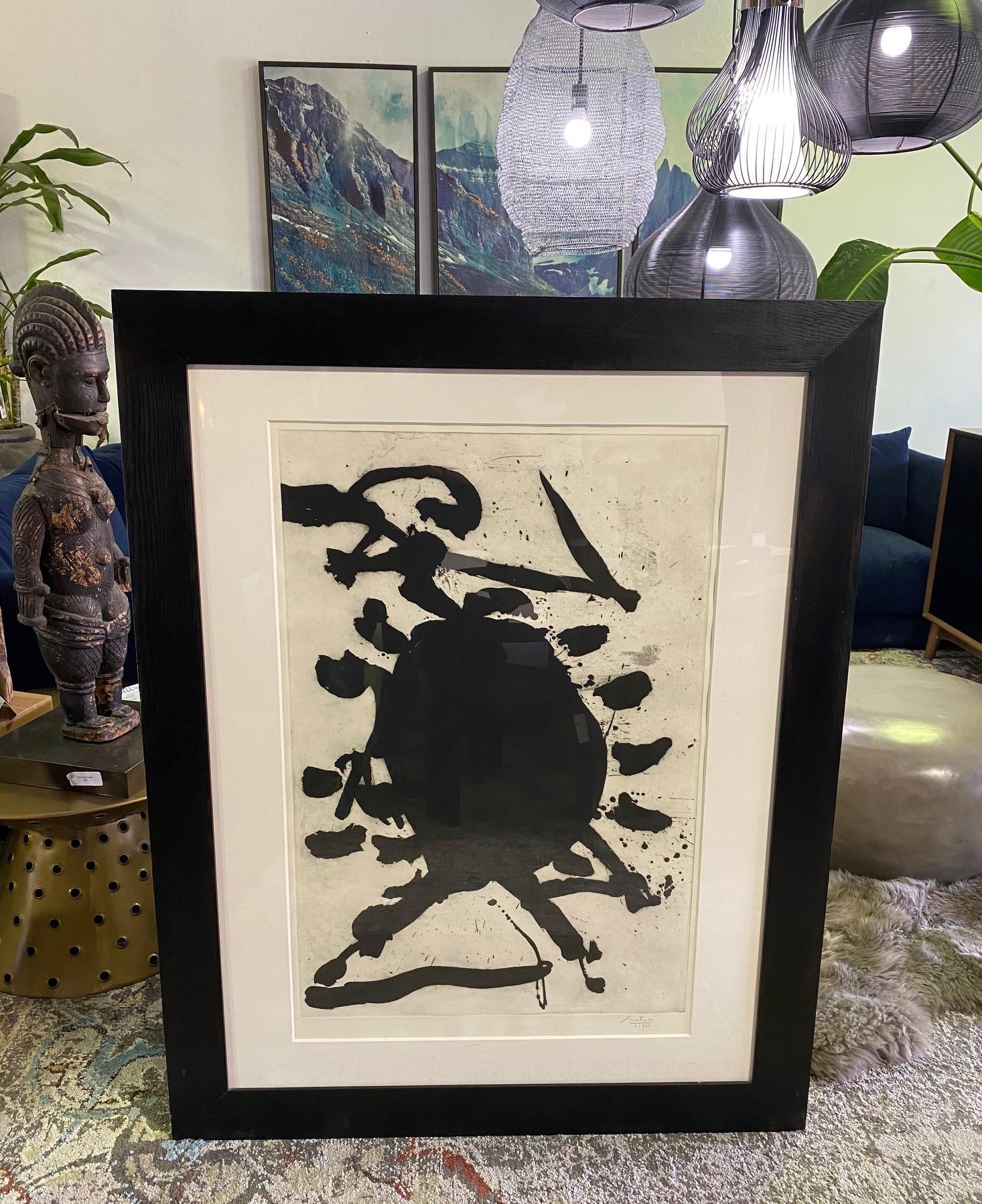 A breathtaking, large in scope and scale, rivetting work by American abstract expressionist painter, and master printmaker Robert Motherwell (1915-1991). 

This aquatint/lift ground etching, done in 1984, is titled 