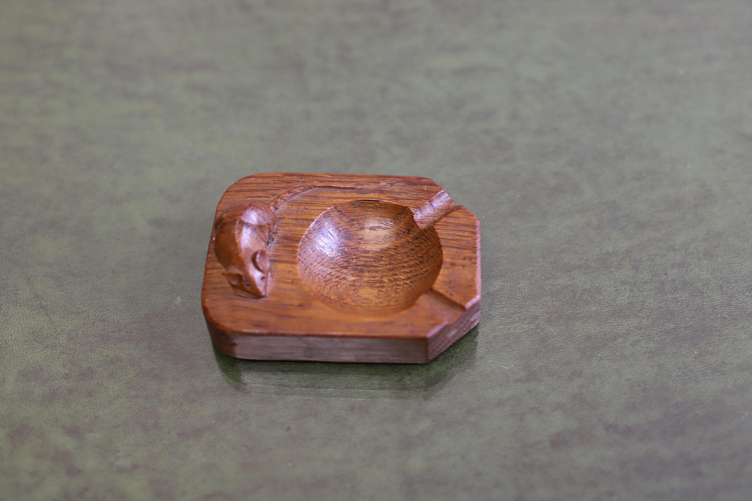 British  Robert ' Mouseman ' Thompson, carved oak ashtray with mouse signature