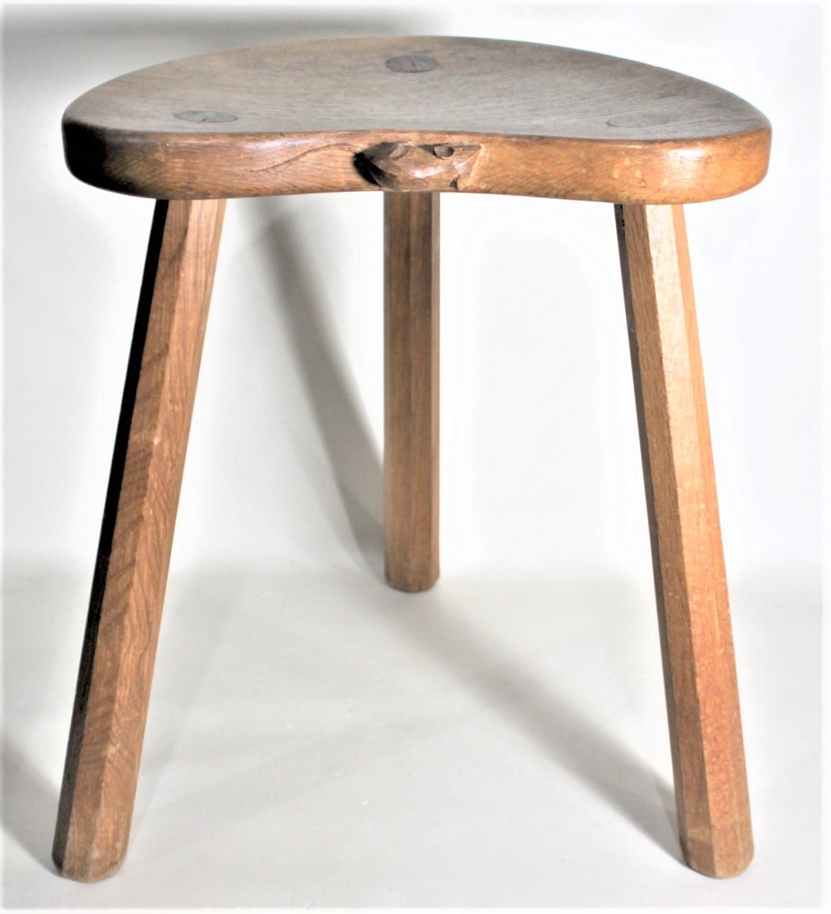 Robert 'Mouseman' Thompson Folk Art Carved Oak 3 Legged 'Cow' or Milking Stool In Good Condition In Hamilton, Ontario