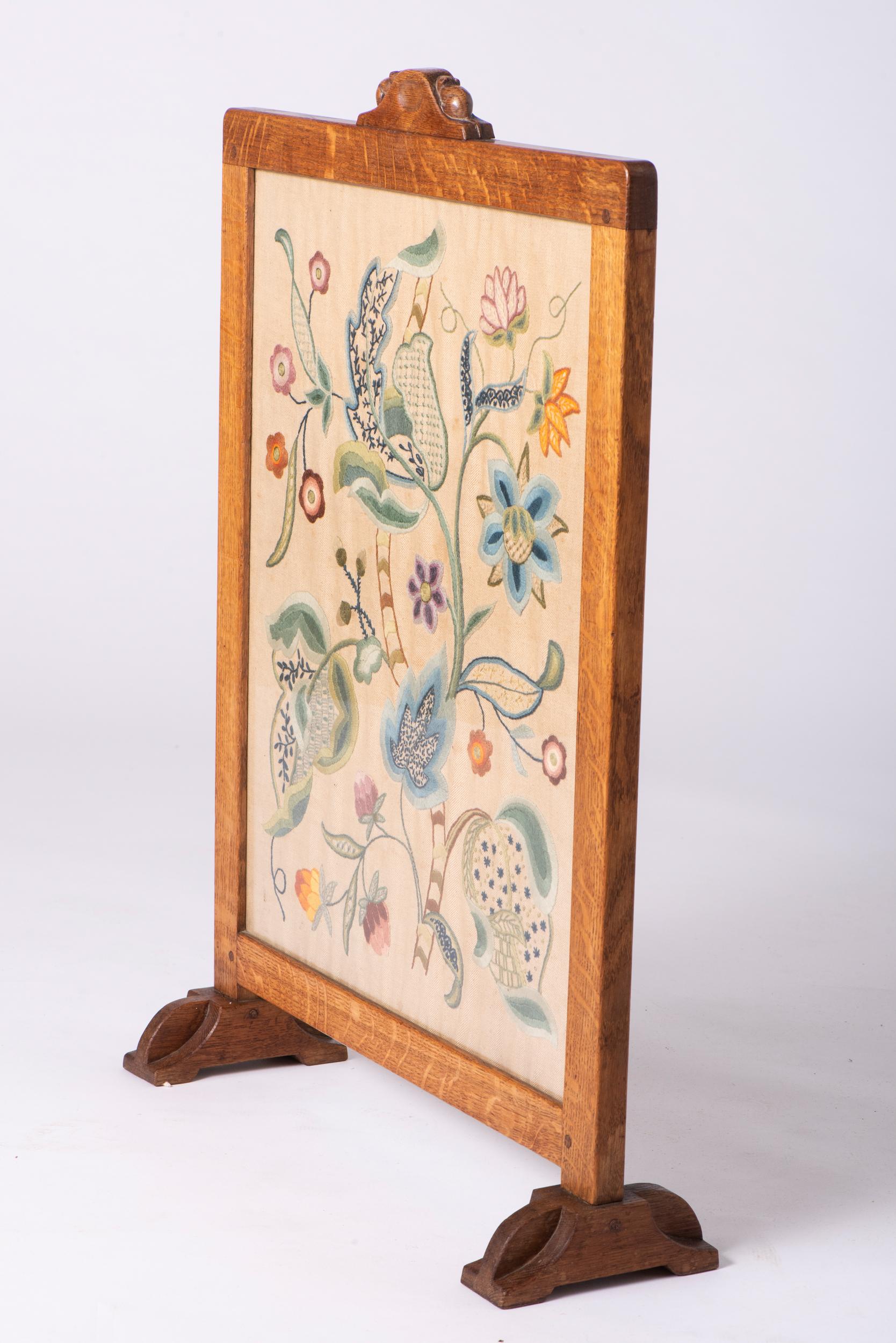Arts and Crafts Robert Mouseman Thompson Oak Firescreen with Embroidery, England, circa 1934 For Sale