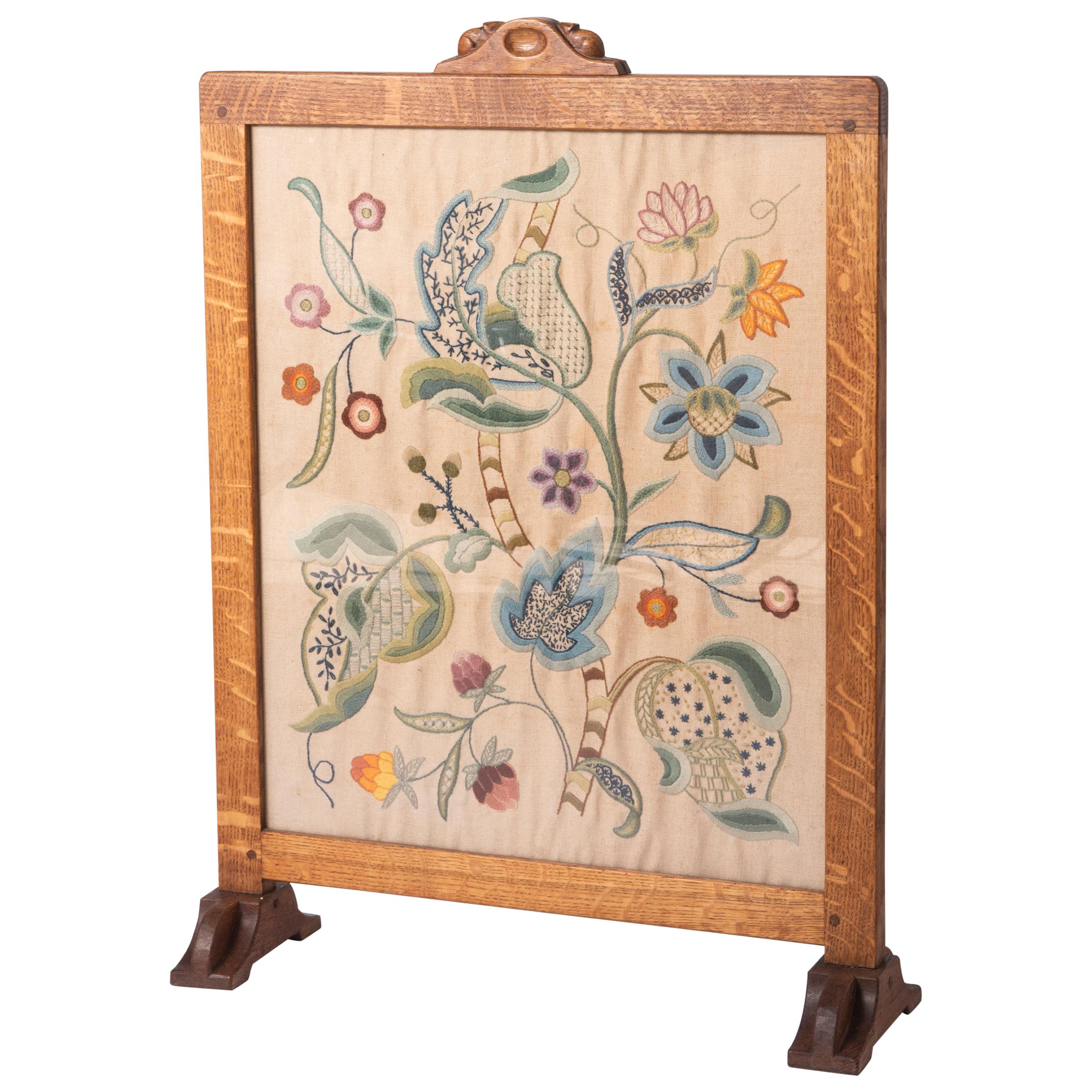 Robert Mouseman Thompson Oak Firescreen with Embroidery, England, circa 1934 For Sale