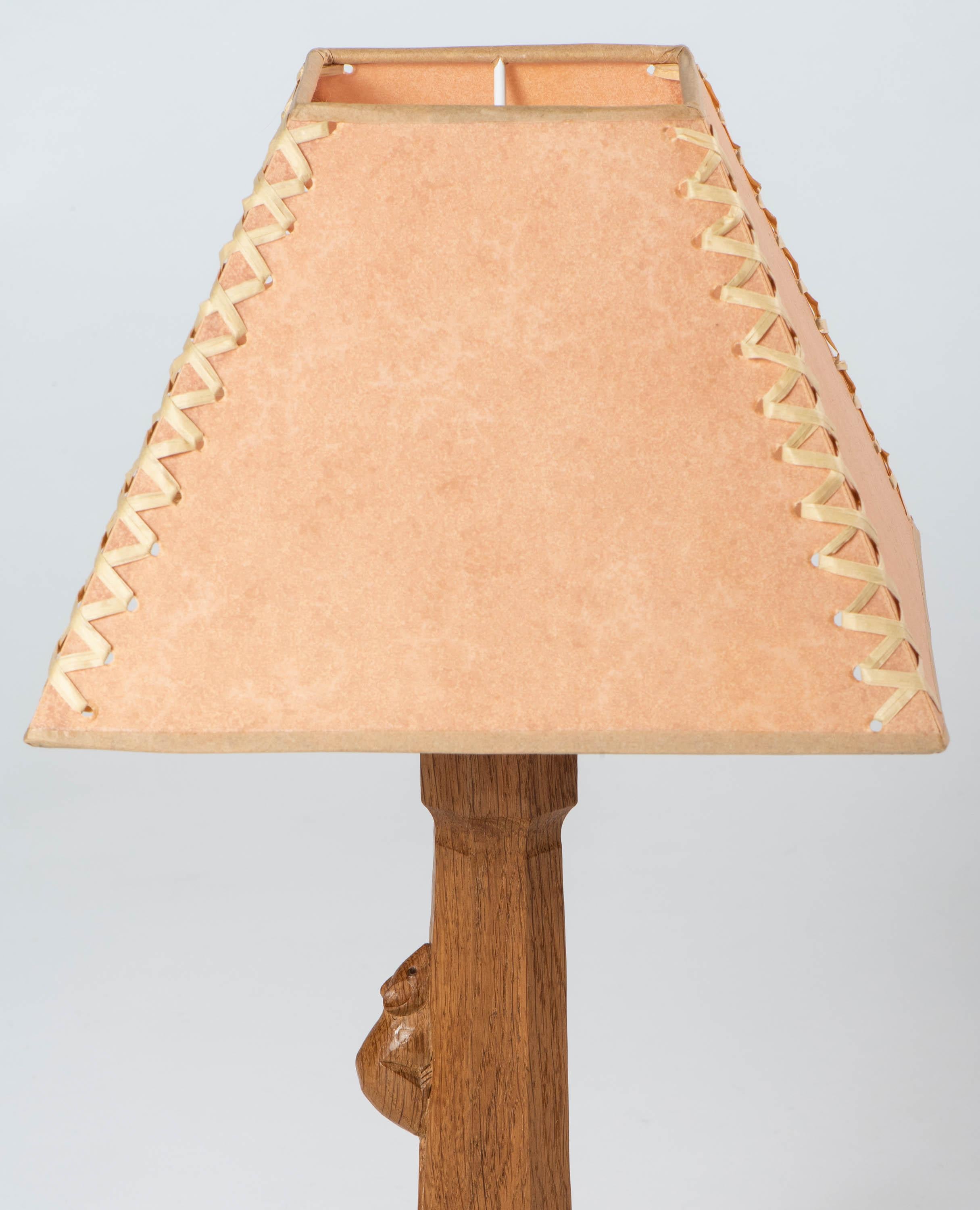 Hand-Carved Robert “Mouseman” Thompson Table Lamp, England, circa 1970 For Sale
