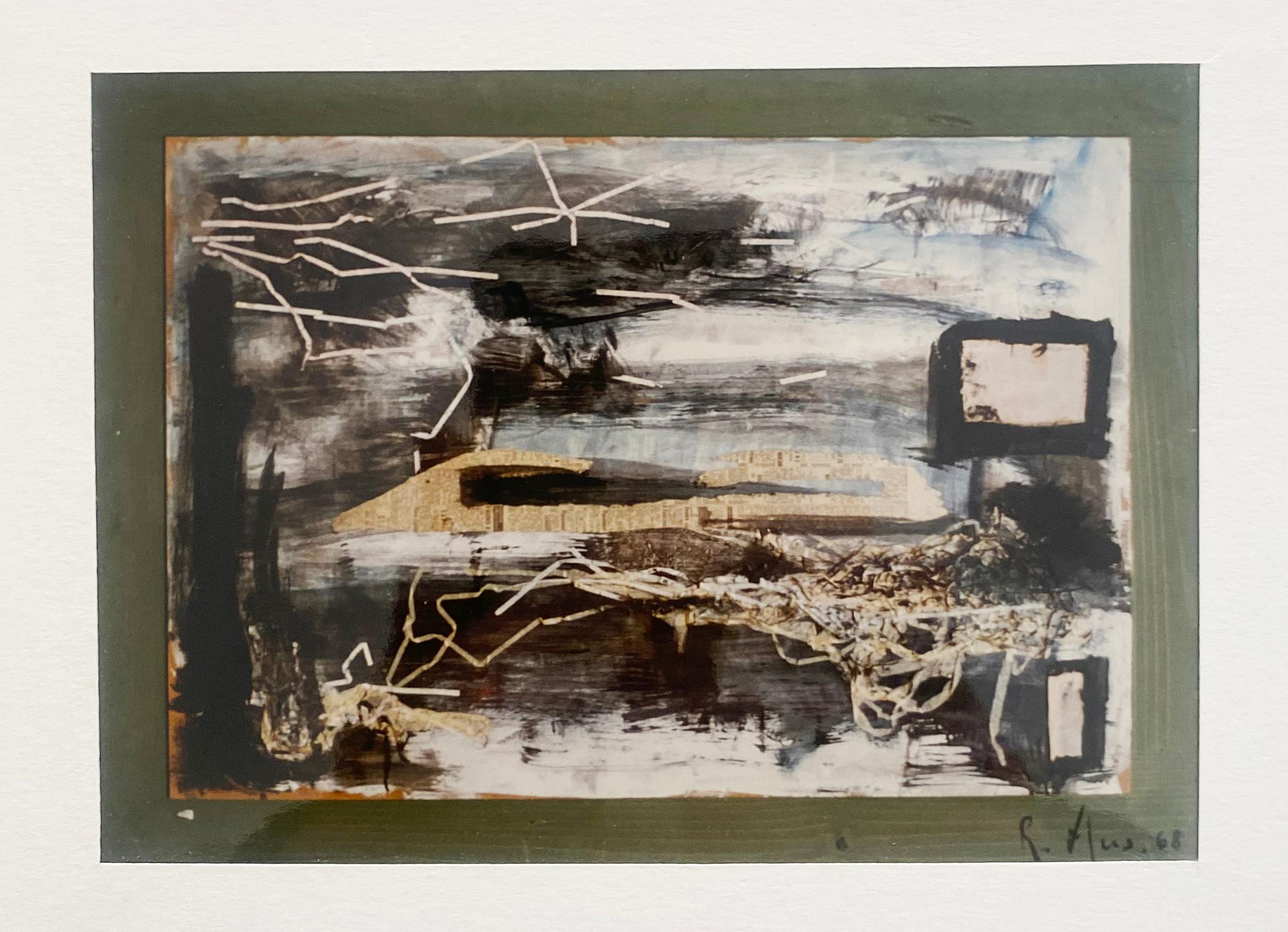 Robert Mus
Unbenannt 3
Öl, Zeitungspapier, Curling, Stoff und Karton auf Isorel
1968
Signiert und datiert unten rechts 
104 x 73 cm
Zertifikat der Tochter des Künstlers 
1600 Euro 