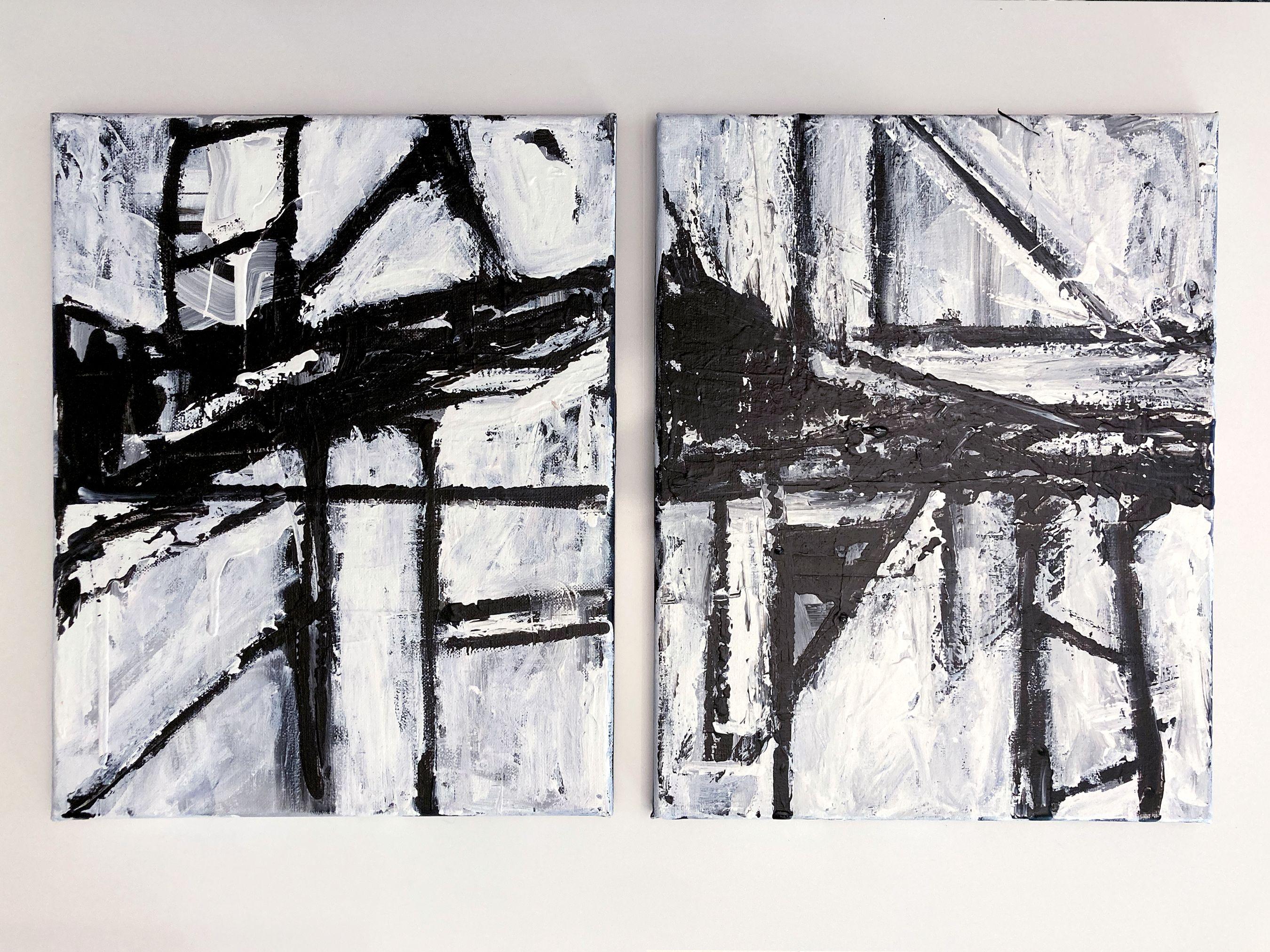 Dueling Franz - Dittico (due dipinti), Pittura, Acrilico su tela - Abstract Painting Grigio di Robert Musser