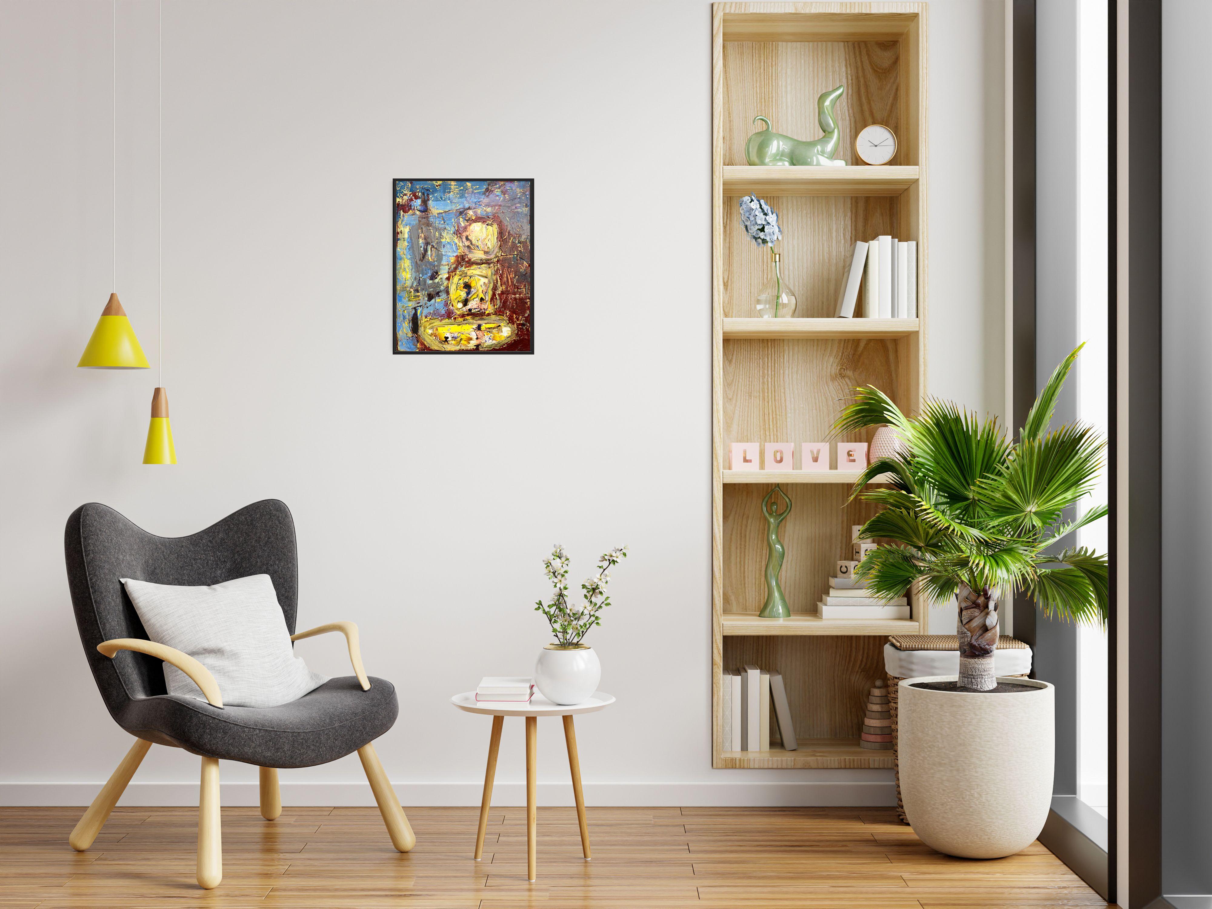 Los ricos colores primarios se combinan para crear un Buda abstracto :: Pintura :: Abstracta :: Esta pieza viene con un certificado oficial de autenticidad firmado por el artista :: Lista para colgar: Sí :: Firmada: Sí :: Ubicación de la firma: