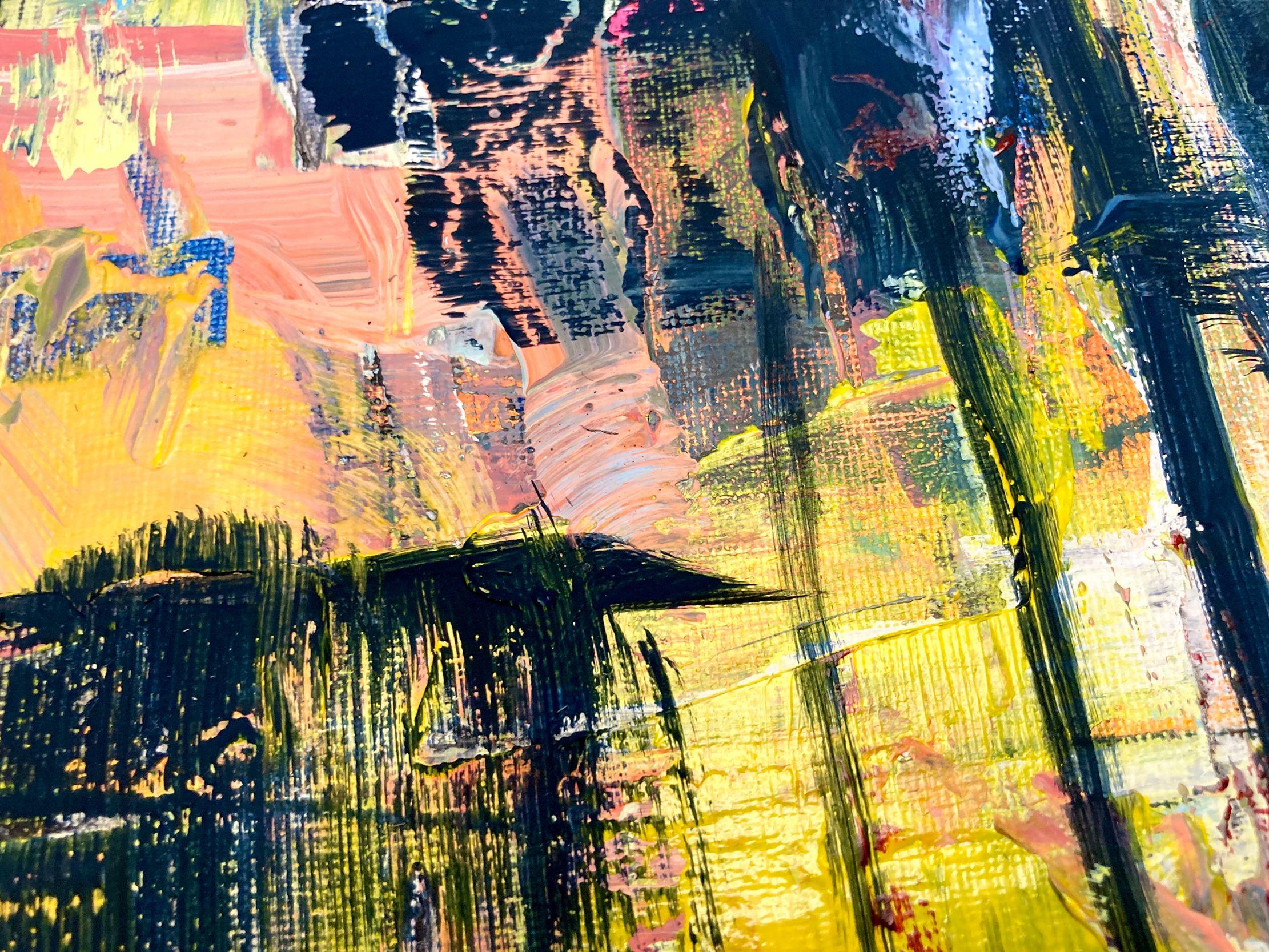 Un blu intenso fluttua sopra una composizione di colori a pennello asciutto.  :: Pittura :: Astratta :: Questo pezzo viene fornito con un certificato ufficiale di autenticità firmato dall'artista :: Pronto da appendere: Yes :: Firmato: Yes ::