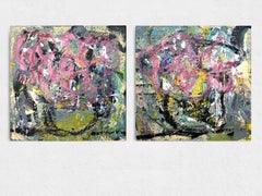 Rustikale rosa Pansies - Diptychon (Zwei Gemälde), Gemälde, Acryl auf Leinwand