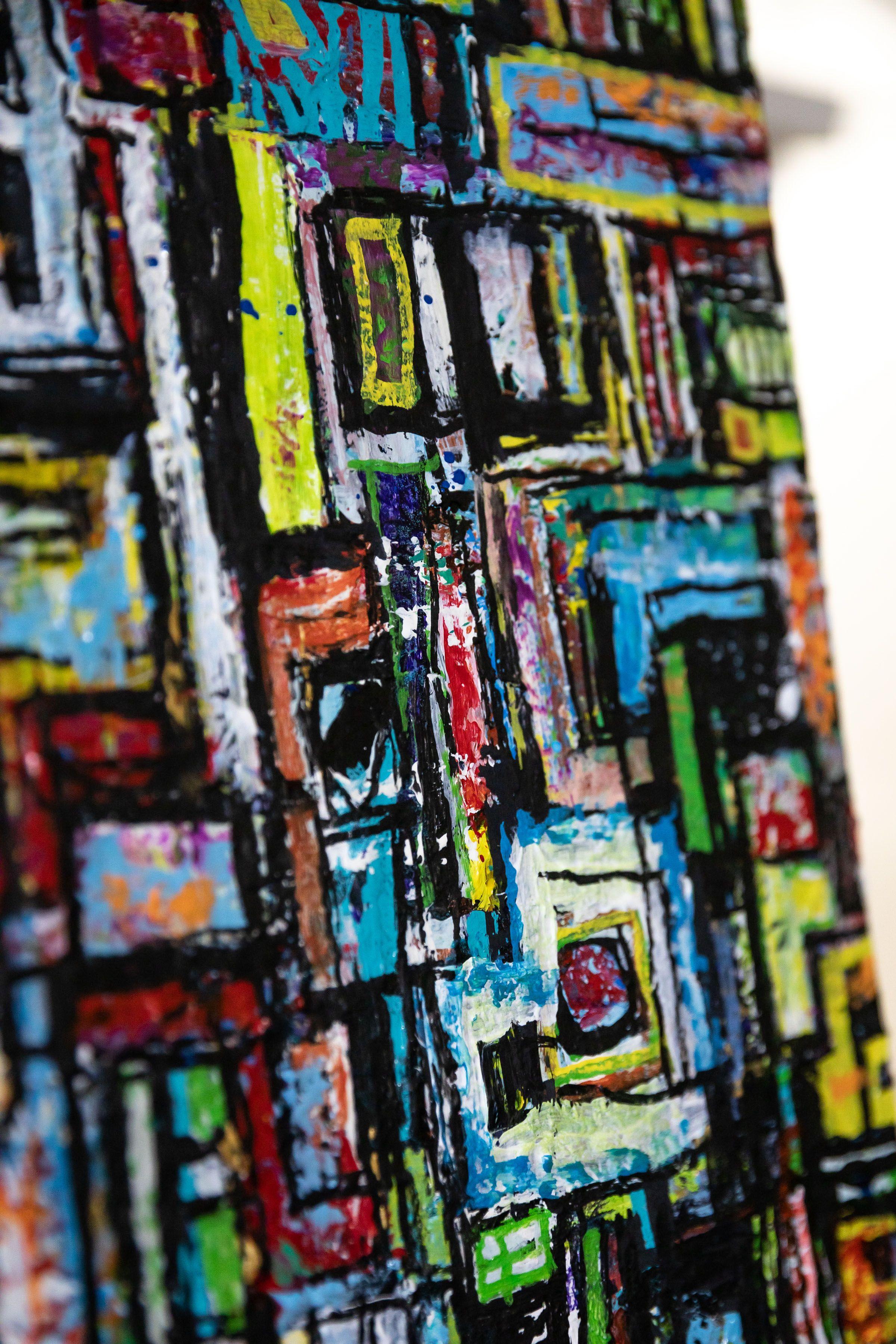 Trucks & Trains, peinture, acrylique sur toile - Noir Abstract Painting par Robert Musser